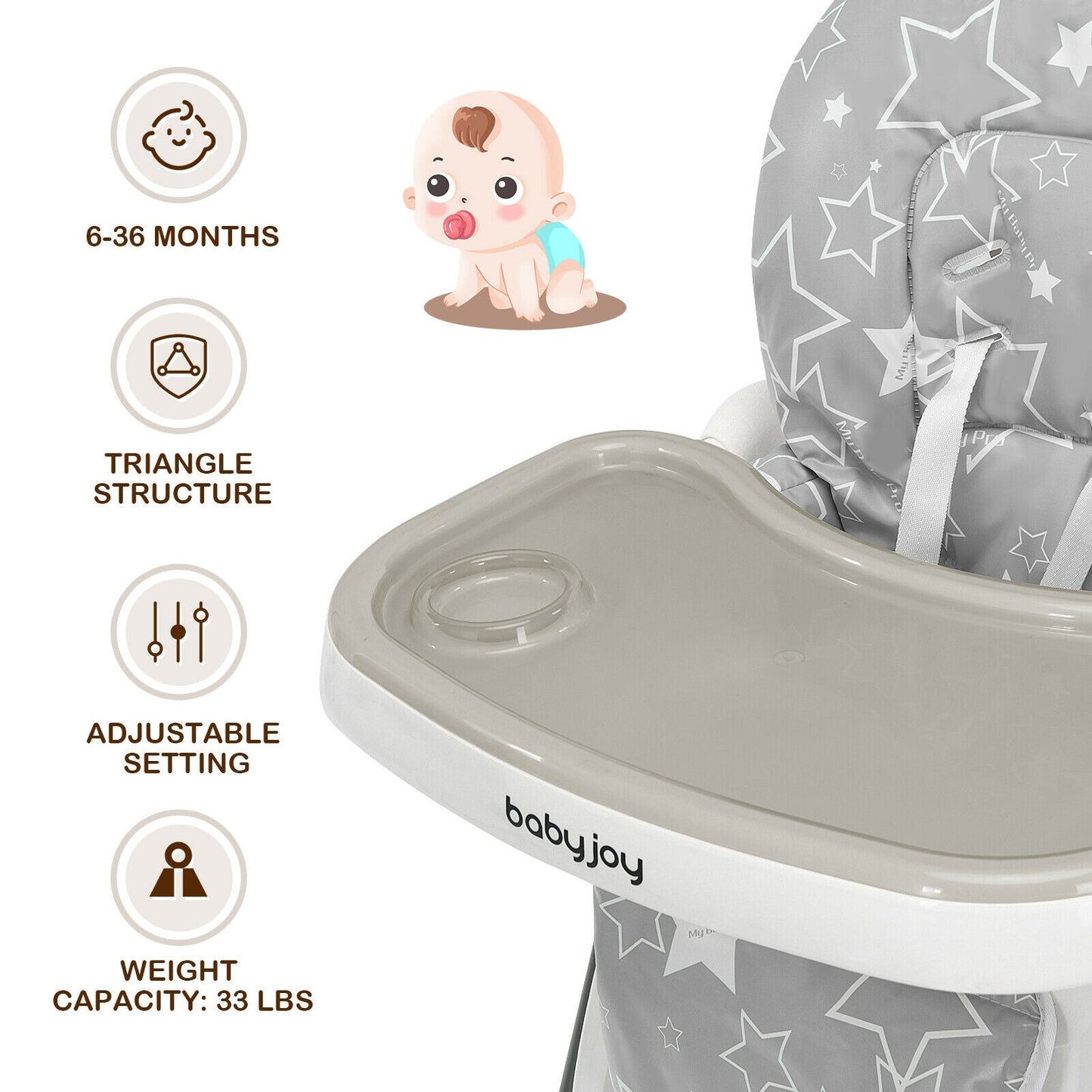 Chaise Haute Pliable pour Bébé avec Réglage de Hauteur à 6 Niveaux - Gris