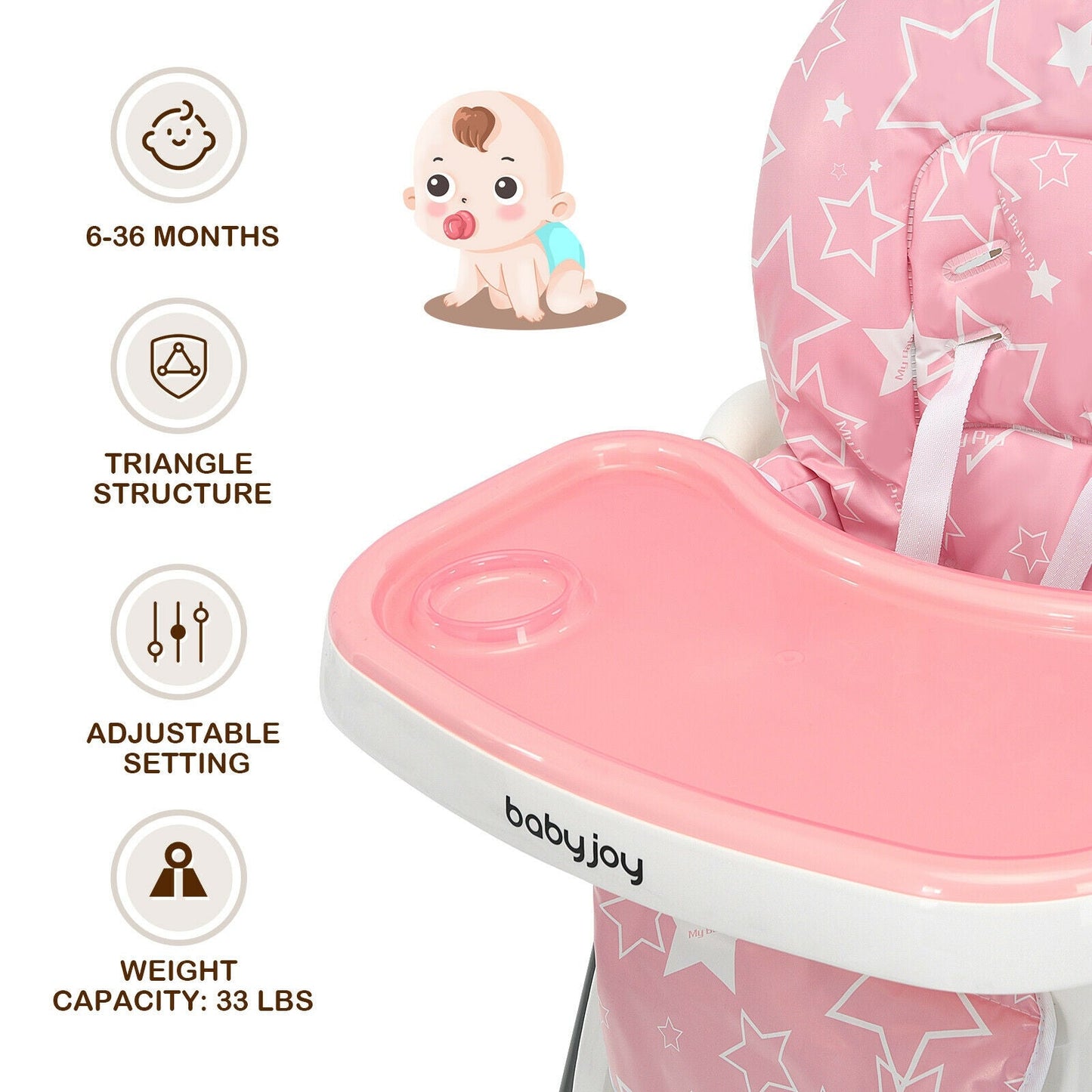Folding Baby High Dining Chair with 6-Level Height Adjustment - Pink