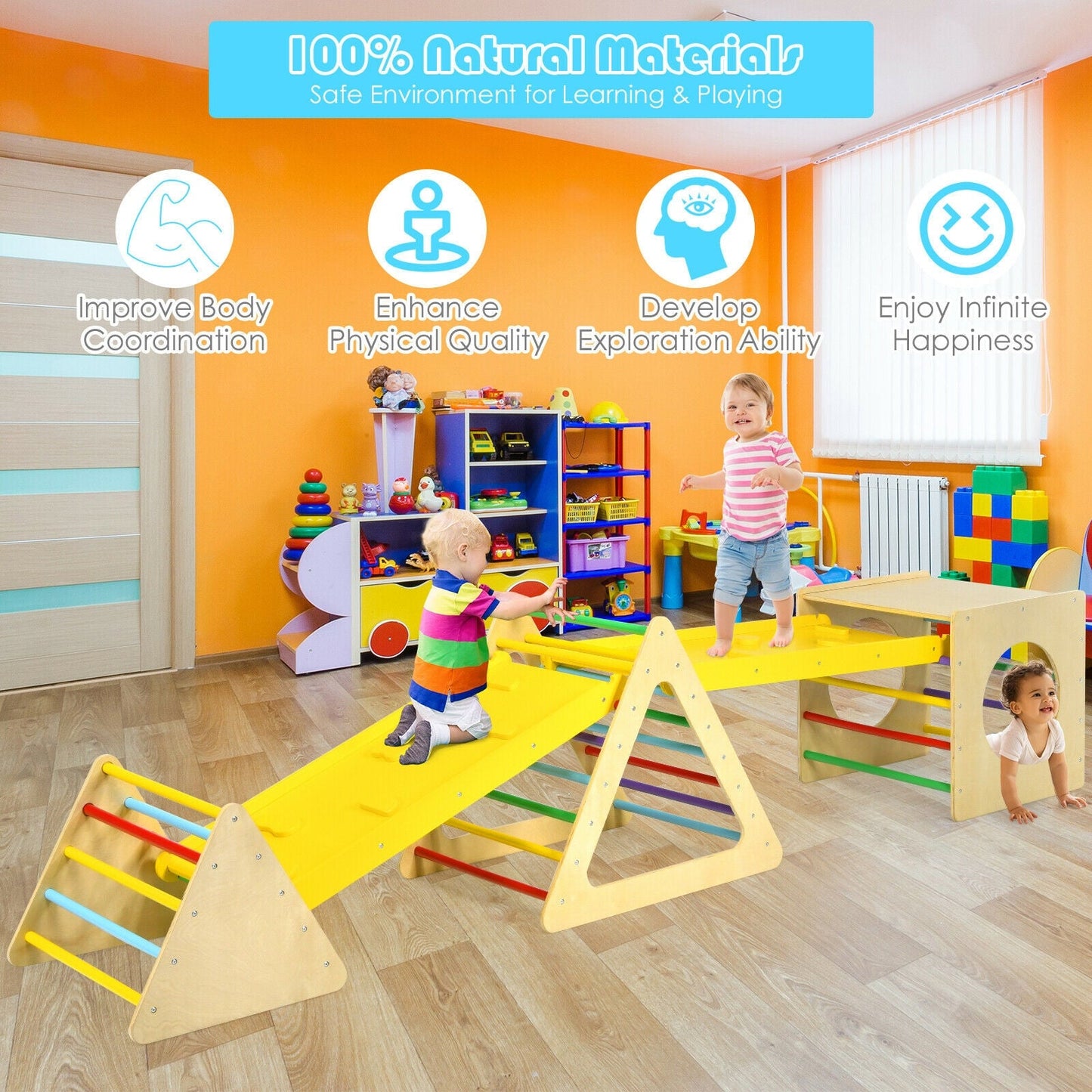 Set de gimnasio de juego en triángulo para niños 5 en 1 con rampas dobles
