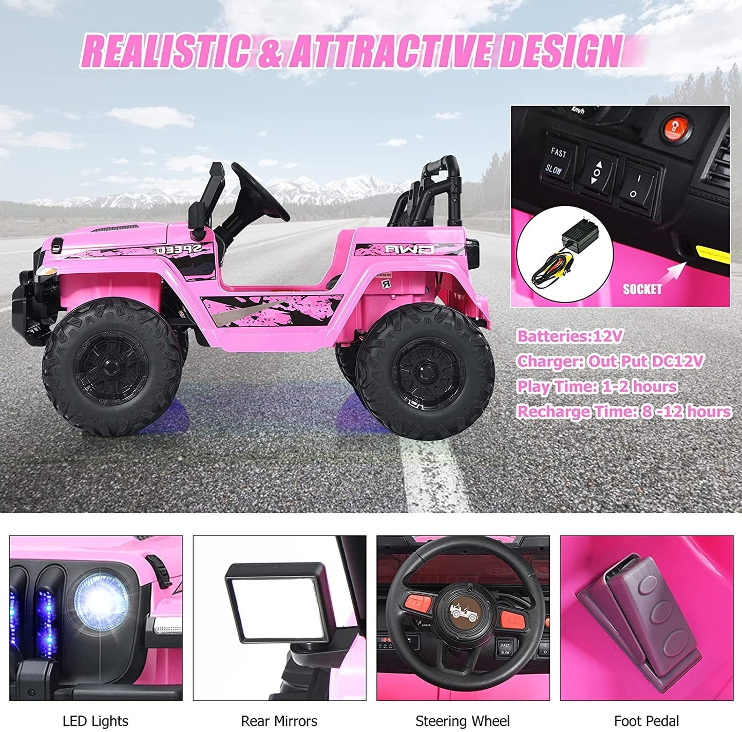 12V Kids Ride-on Jeep Car with Remote Control - Pink