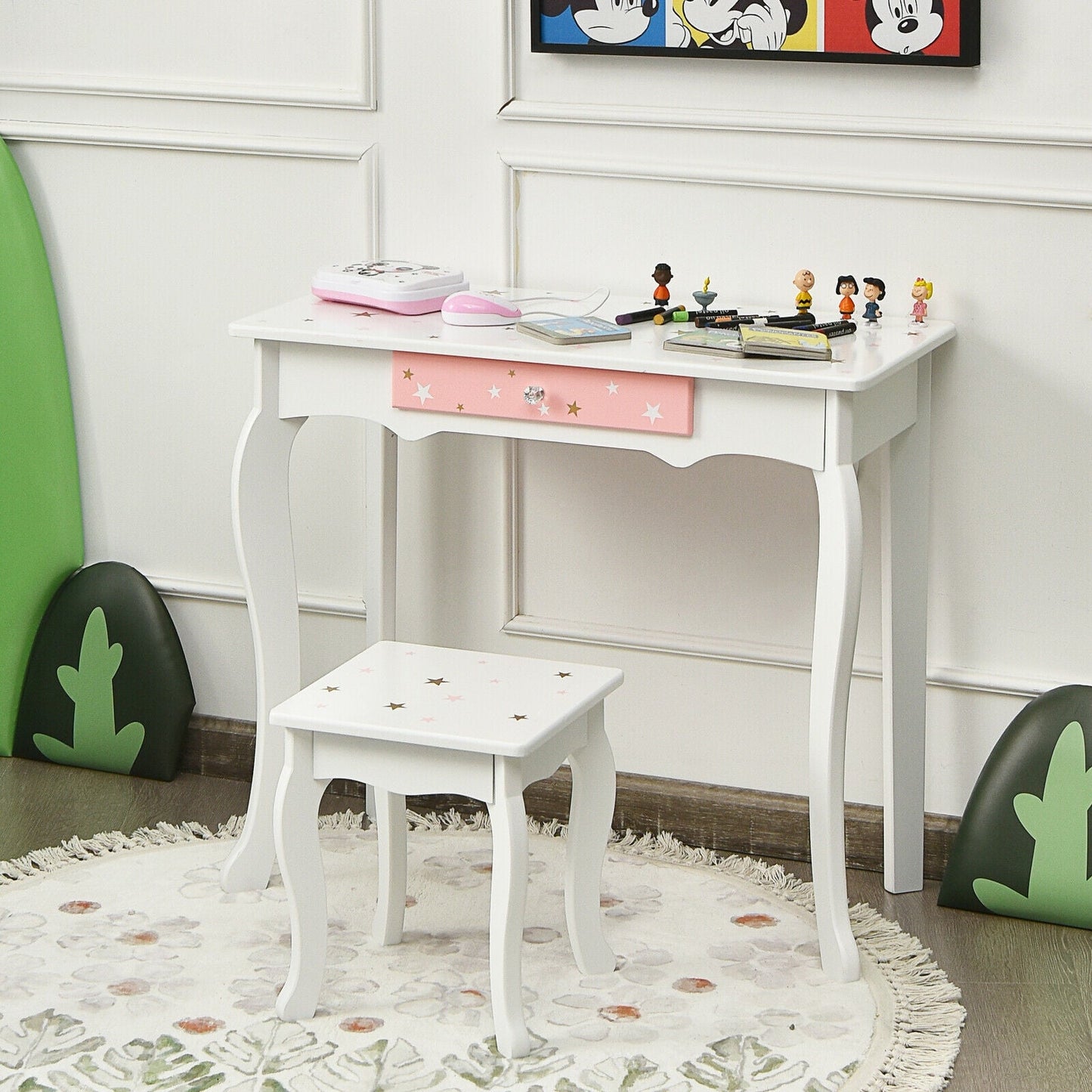 Ensemble de table de maquillage et de tabouret pour enfants Princesse avec miroir pliant - Blanc