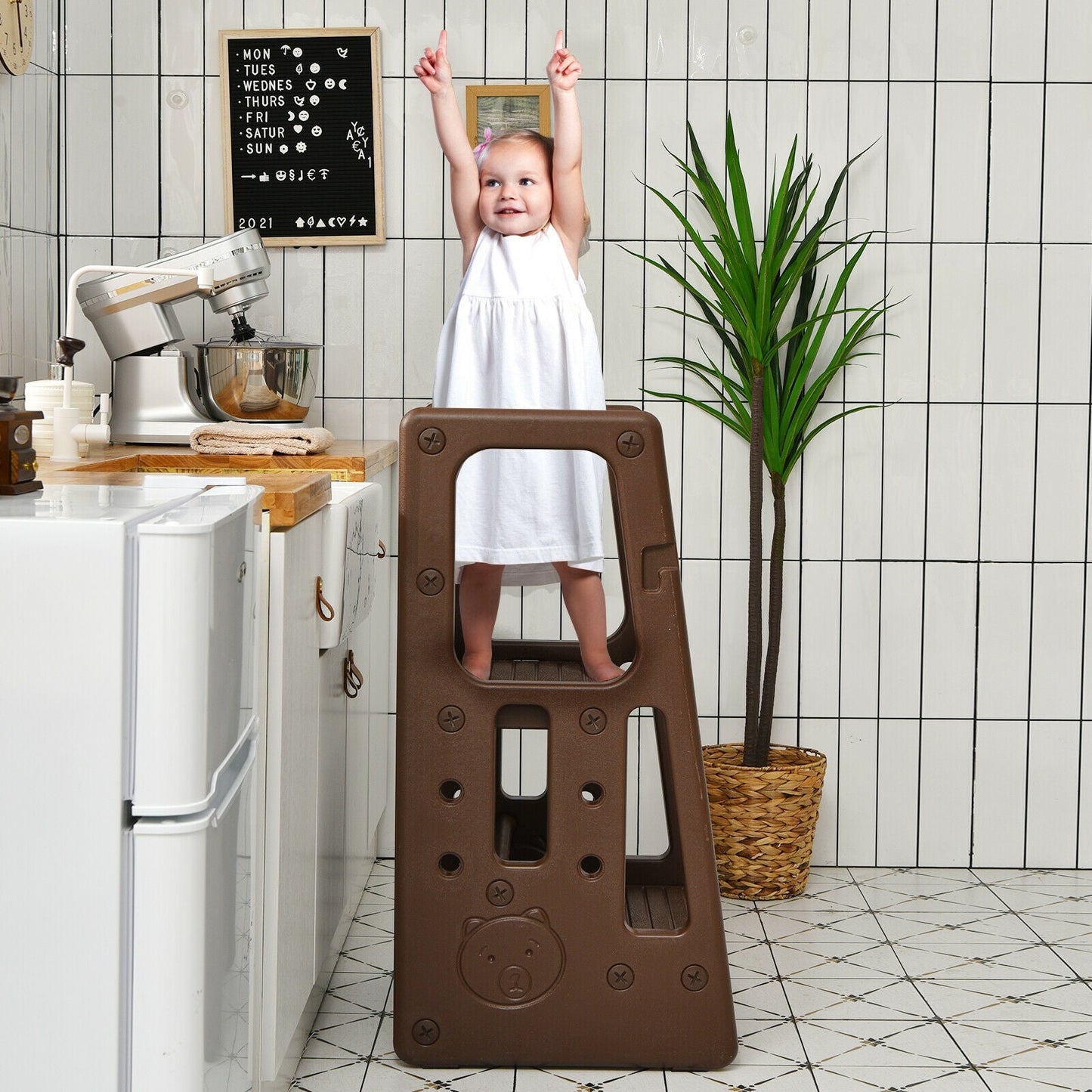 Kids Kitchen Step Stool with Double Safety Rails - Brown