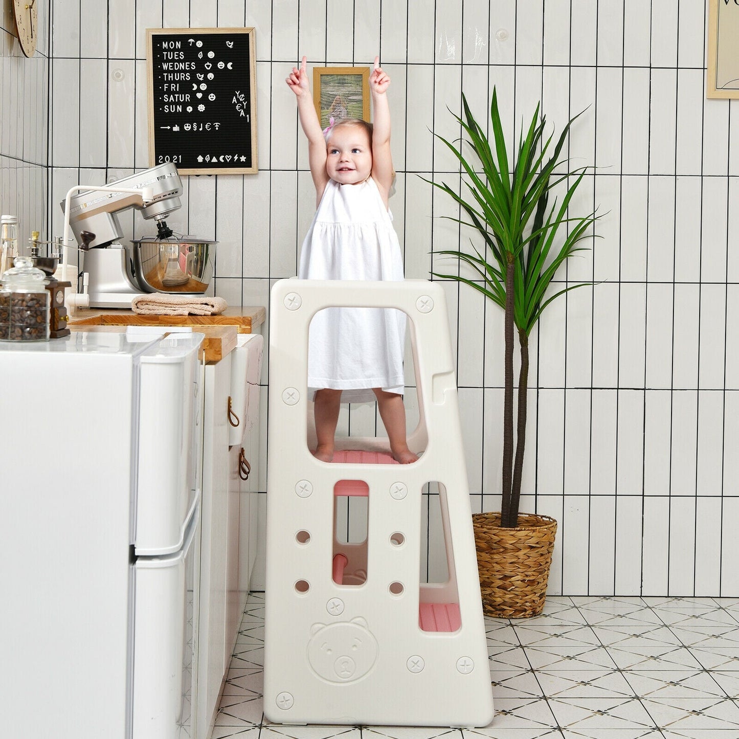 Marchepied de Cuisine pour Enfants avec Double Barrière de Sécurité - Rose