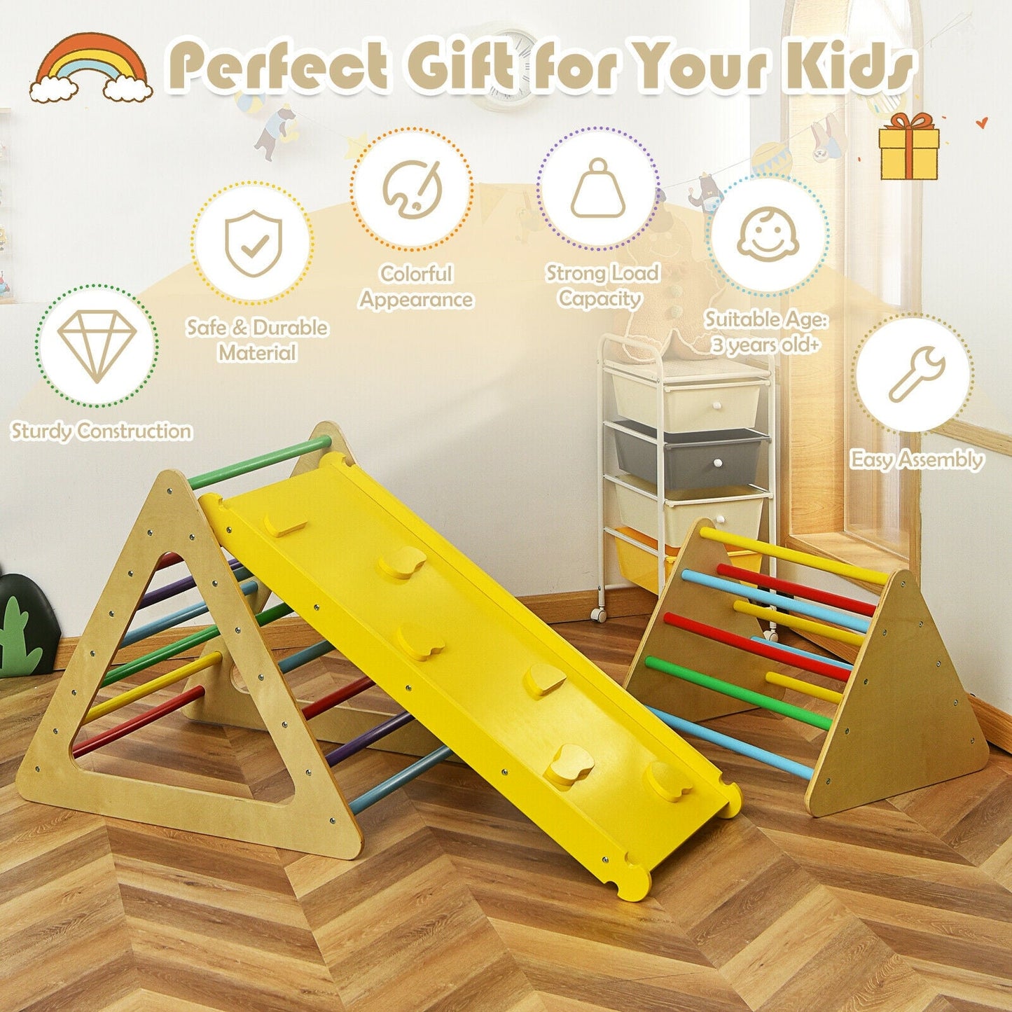 3-in-1 Wooden Triangle Climber Set with Ramp