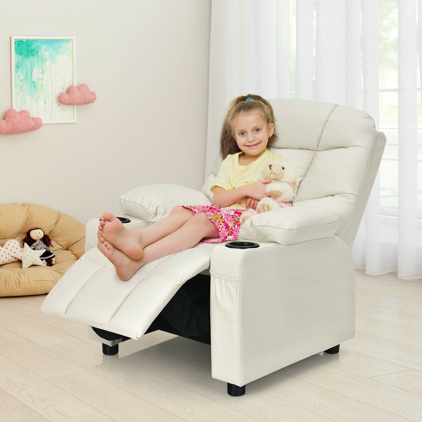Fauteuil inclinable pour enfants avec porte-gobelet et repose-pieds - Beige