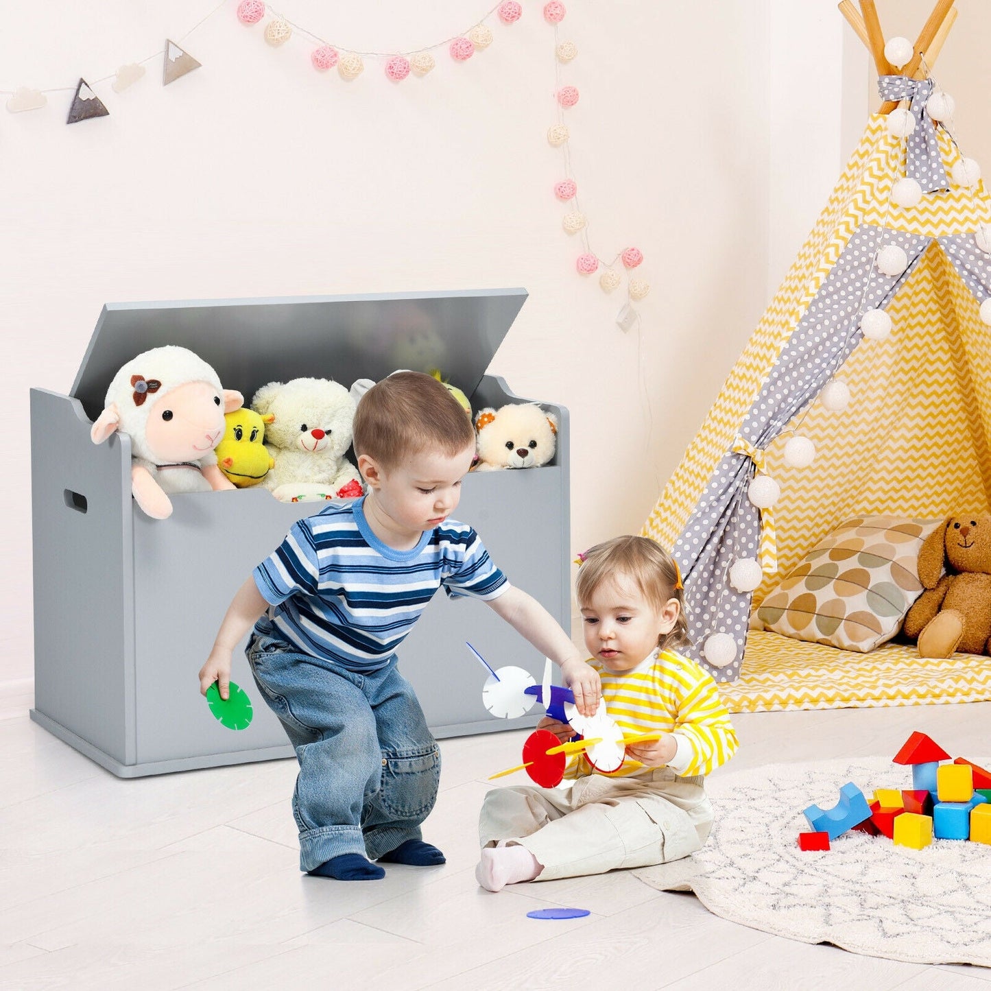 Banco de Almacenamiento de Madera para Niños con Tapa Abatible y Cojín - Gris