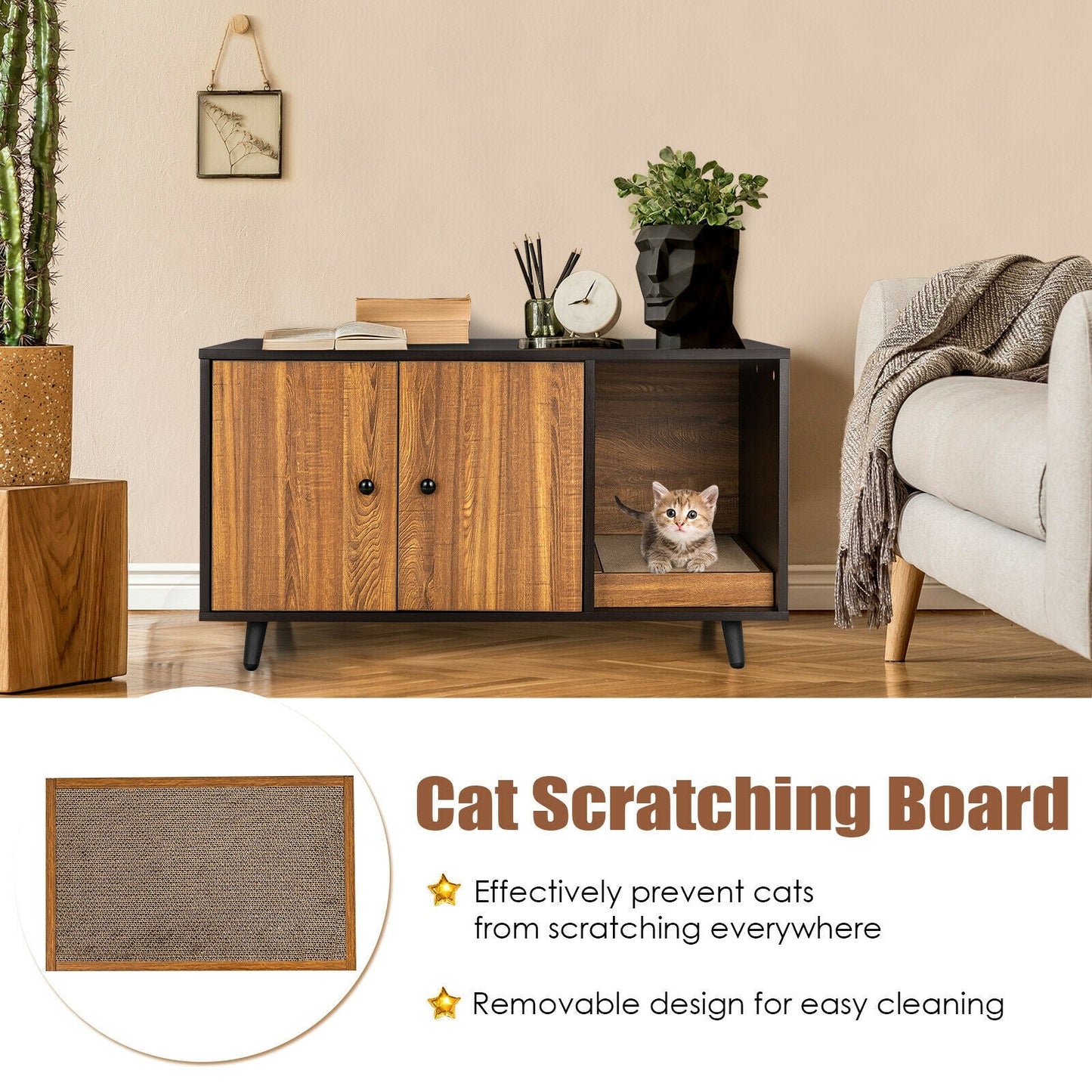 Cat Litter Box Enclosure with Divider and Double Doors - Coffee