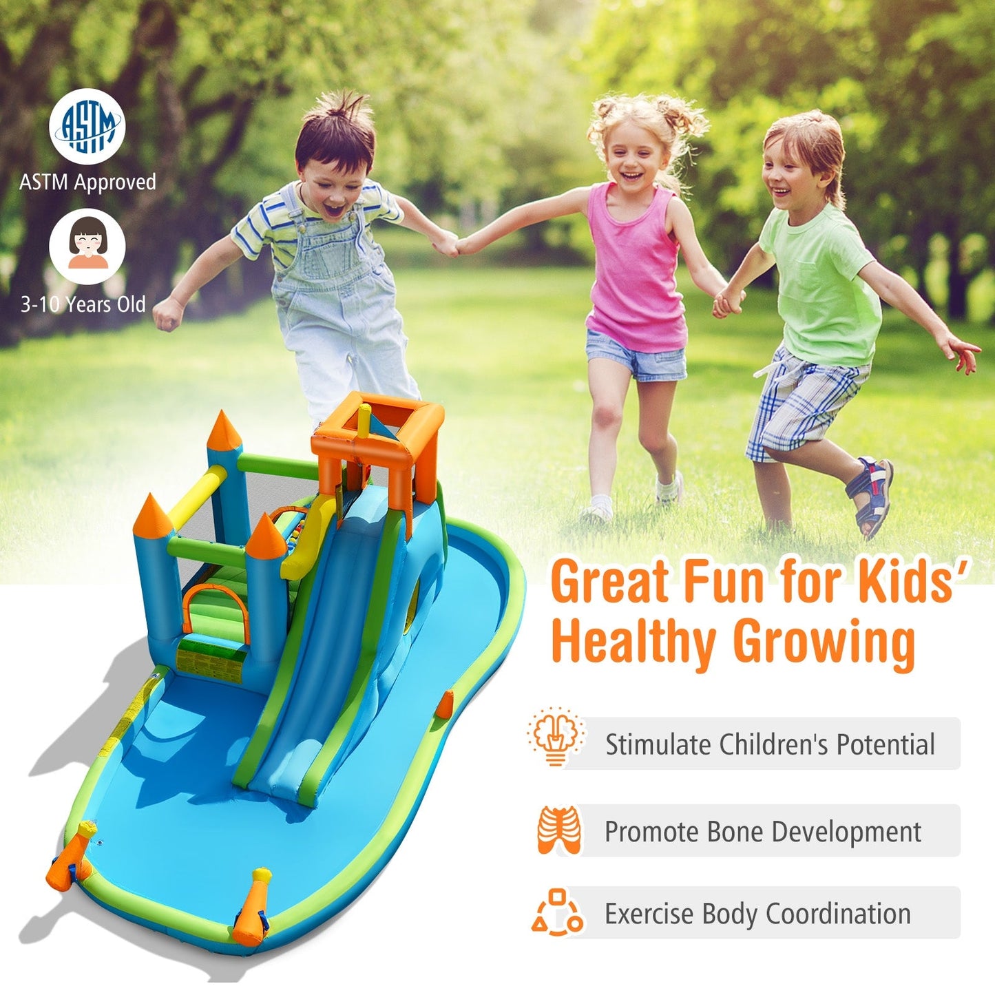 Toboggan Aquatique Gonflable avec Maison de Saut et Piscine à Éclaboussures