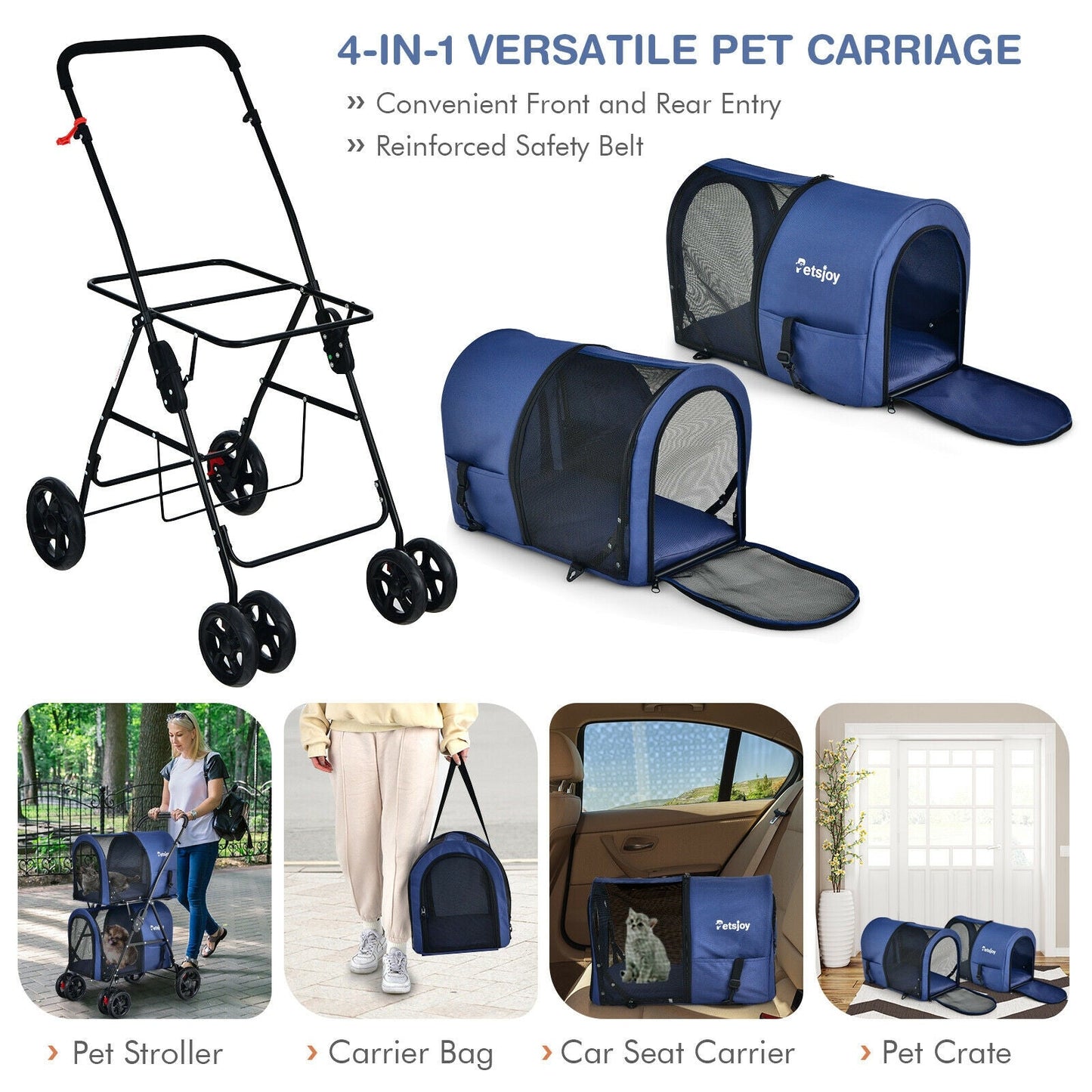 4-in-1 Double Pet Stroller with Detachable Carrier - Blue