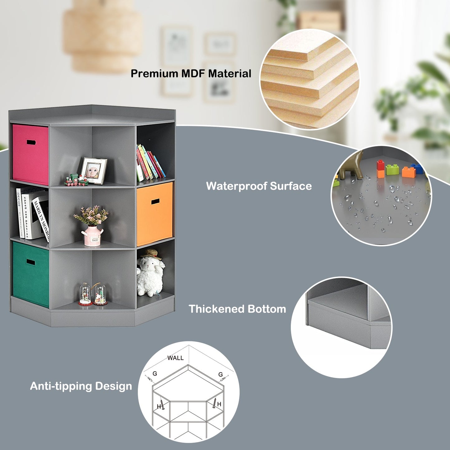 Étagère de rangement pour enfants à 3 niveaux avec paniers - Gris