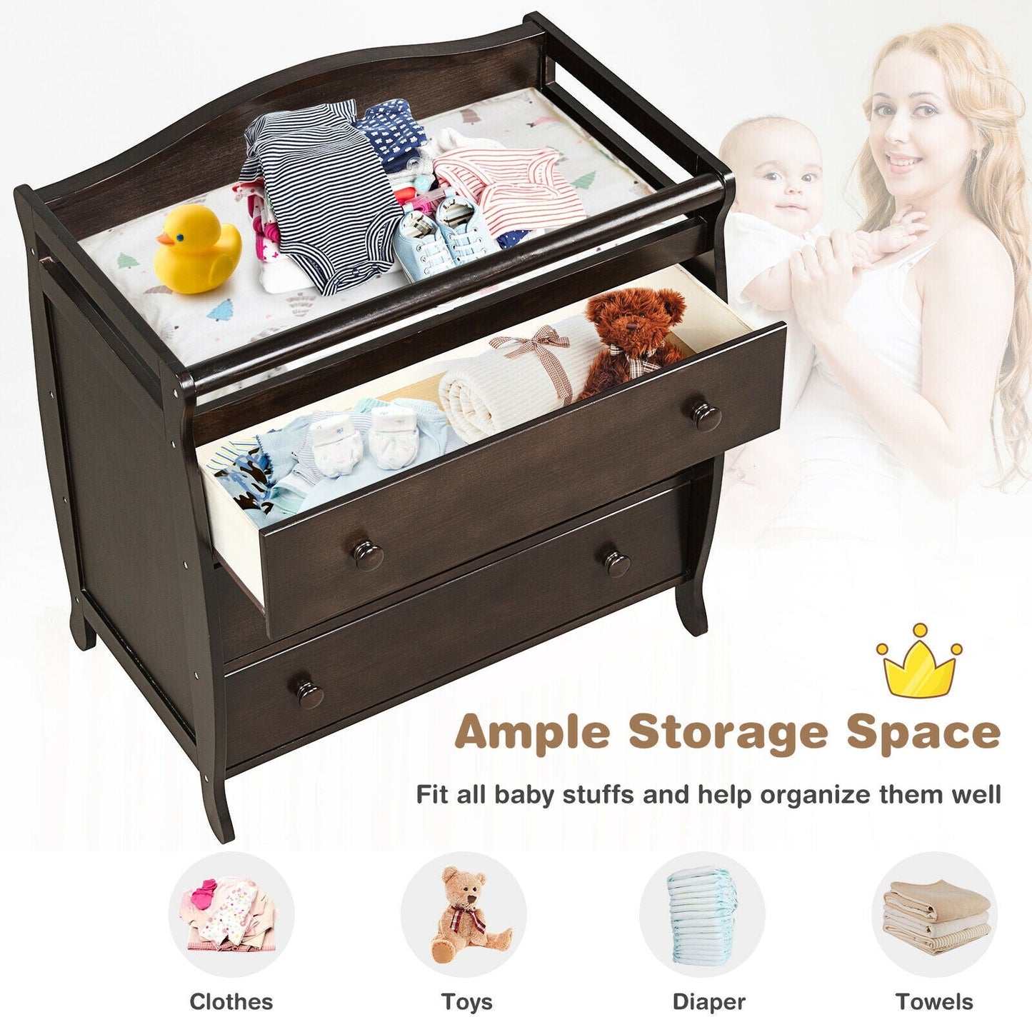 Premium Baby Changing Table with 3 Drawers and Safety Belt - Brown