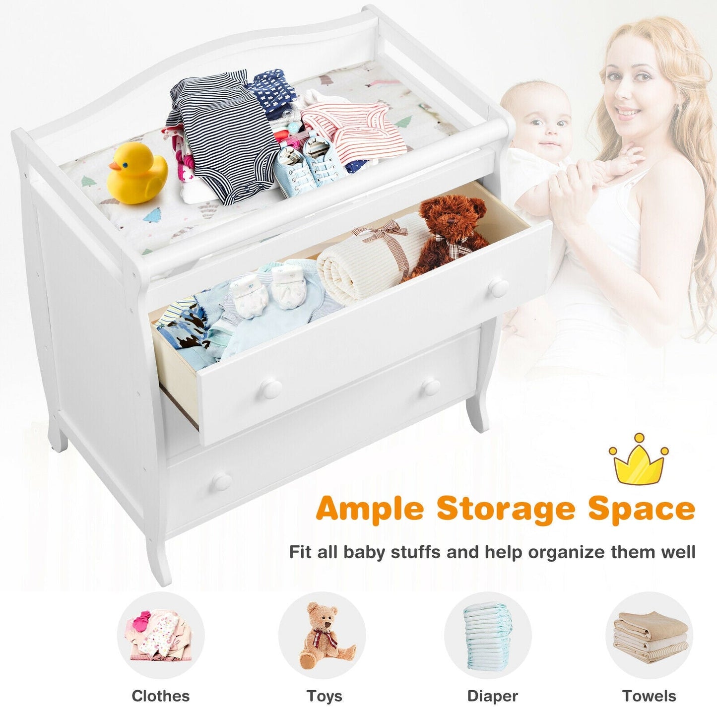 Premium Baby Changing Table with 3 Drawers and Safety Belt - White