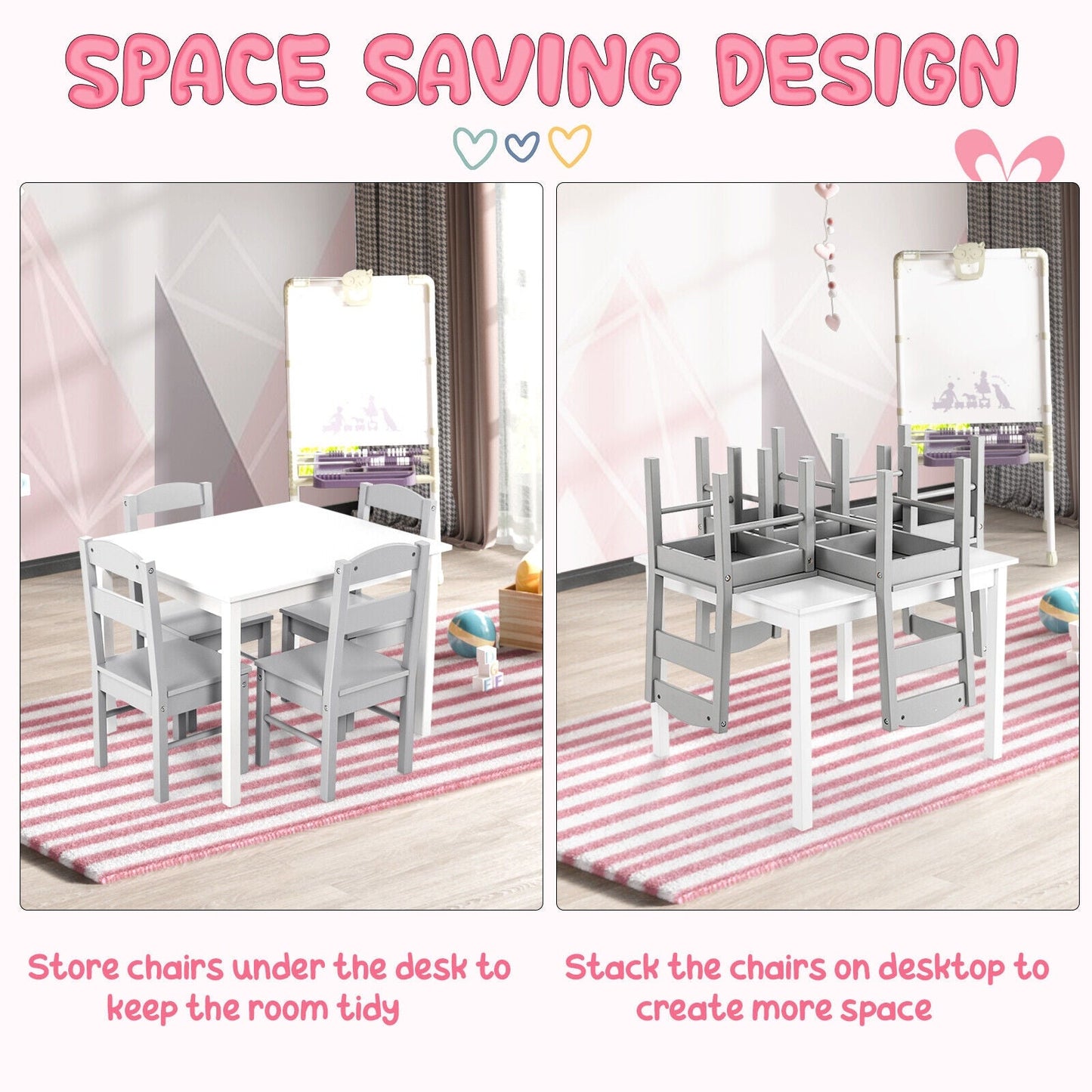 Kids 5-Piece Wooden Table and Chair Set - White