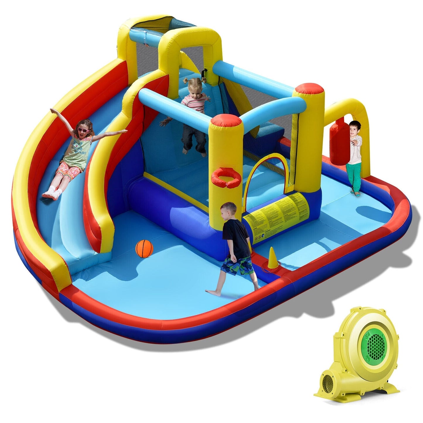 Toboggan aquatique gonflable 7-en-1 avec piscine à éclaboussures et souffleur d'air
