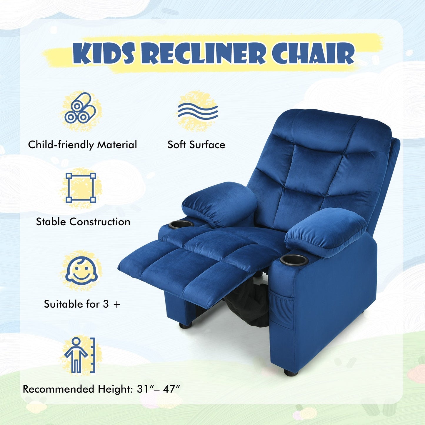 Sillón Reclinable para Niños con Portavasos y Reposapiés - Azul Claro