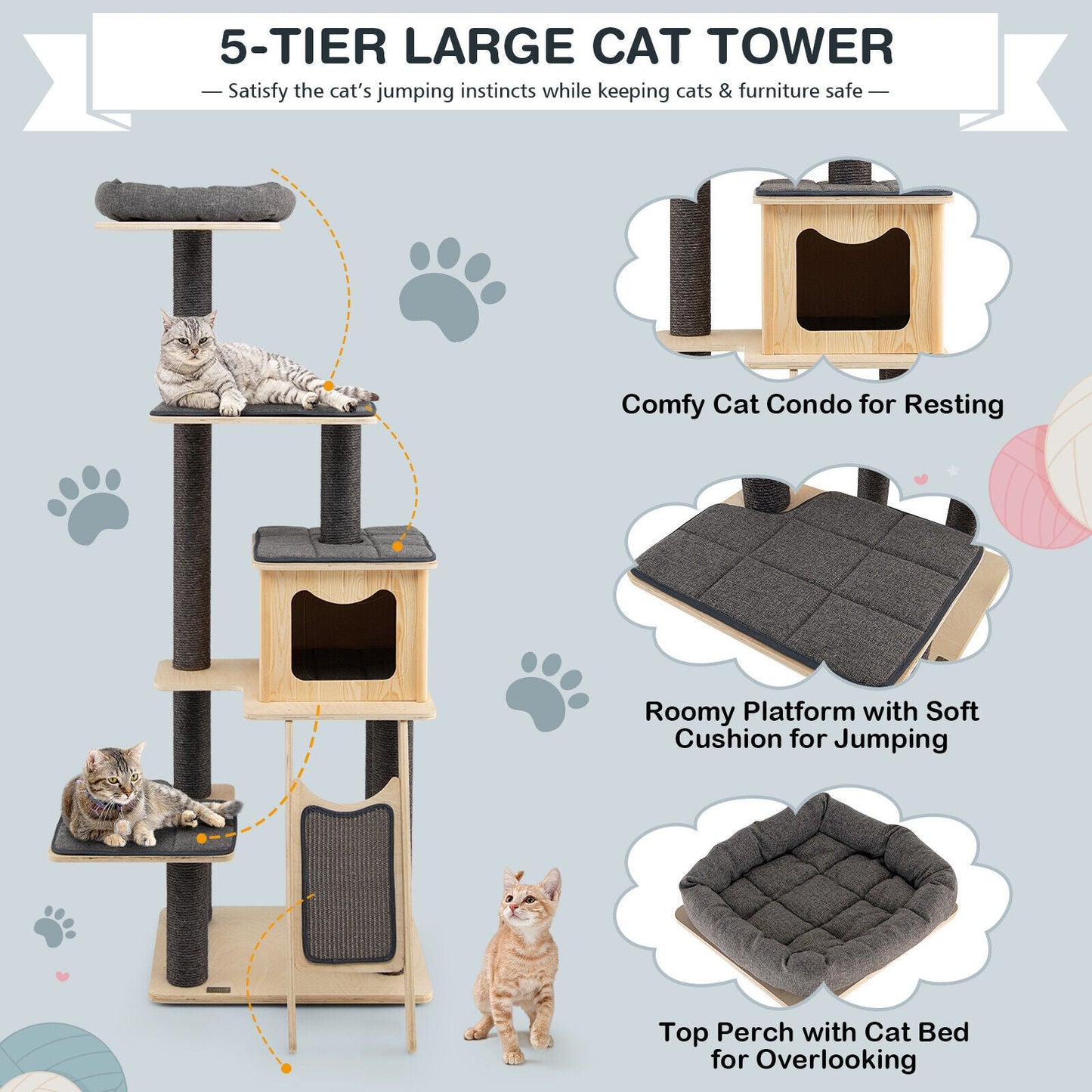 5-Tier Modern Wood Cat Tower with Washable Cushions - Gray