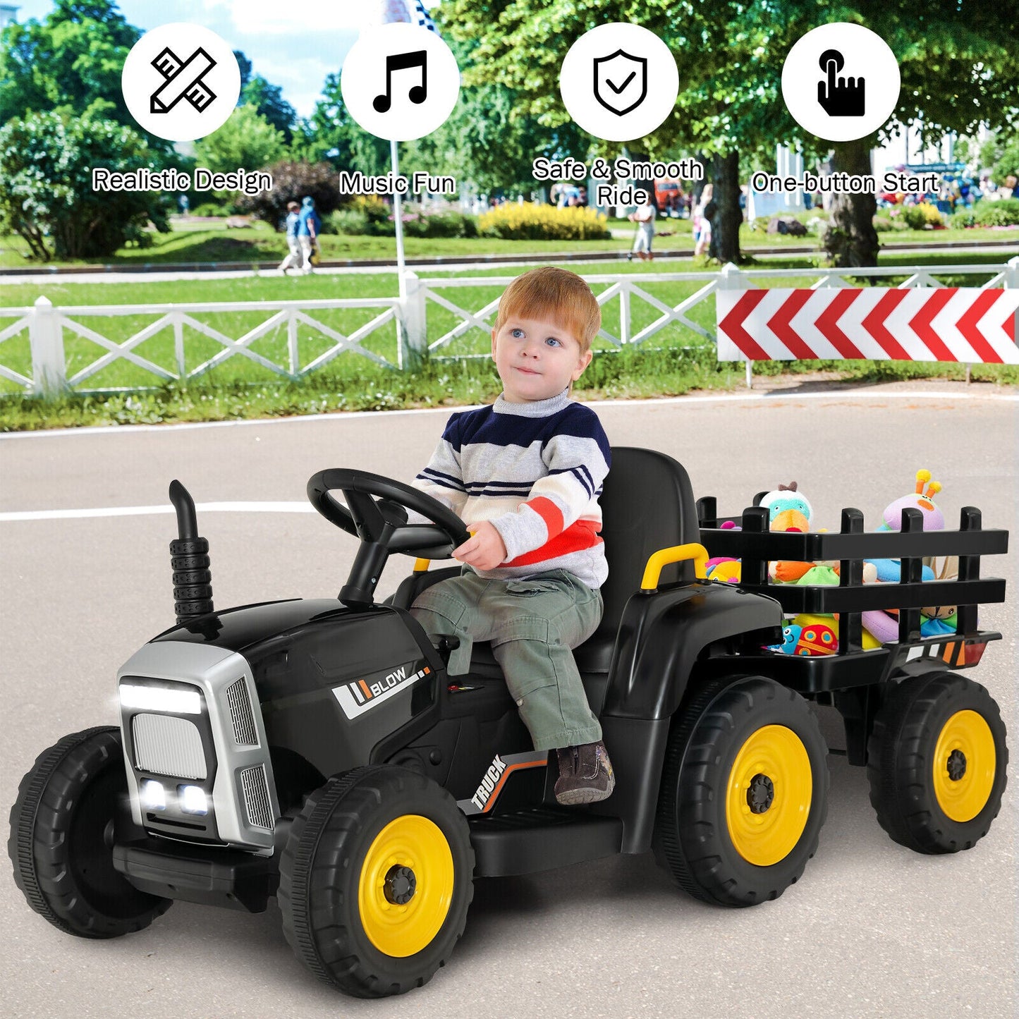Tracteur électrique 12V avec chargeur pour enfants de 3 ans et plus - Noir