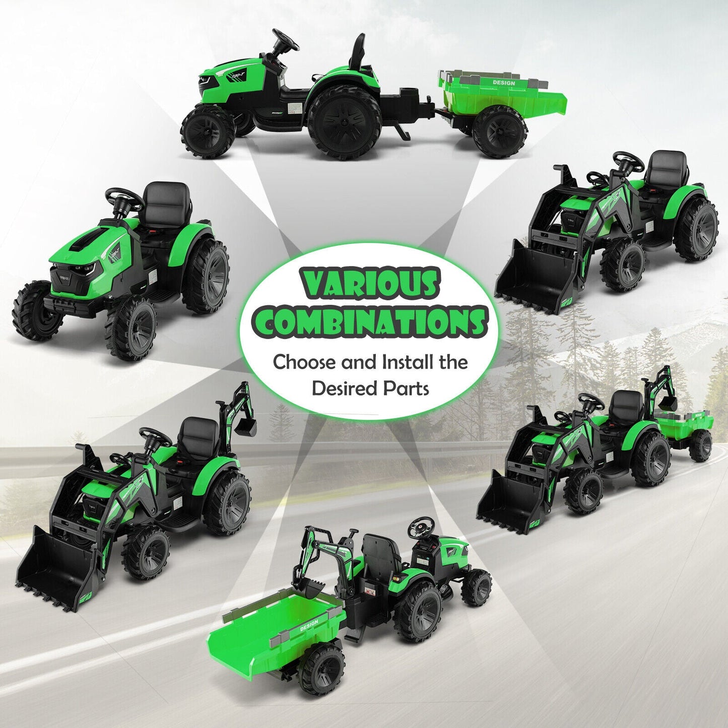 12V 3 in 1 Kids Ride On Excavator with Shovel - Green