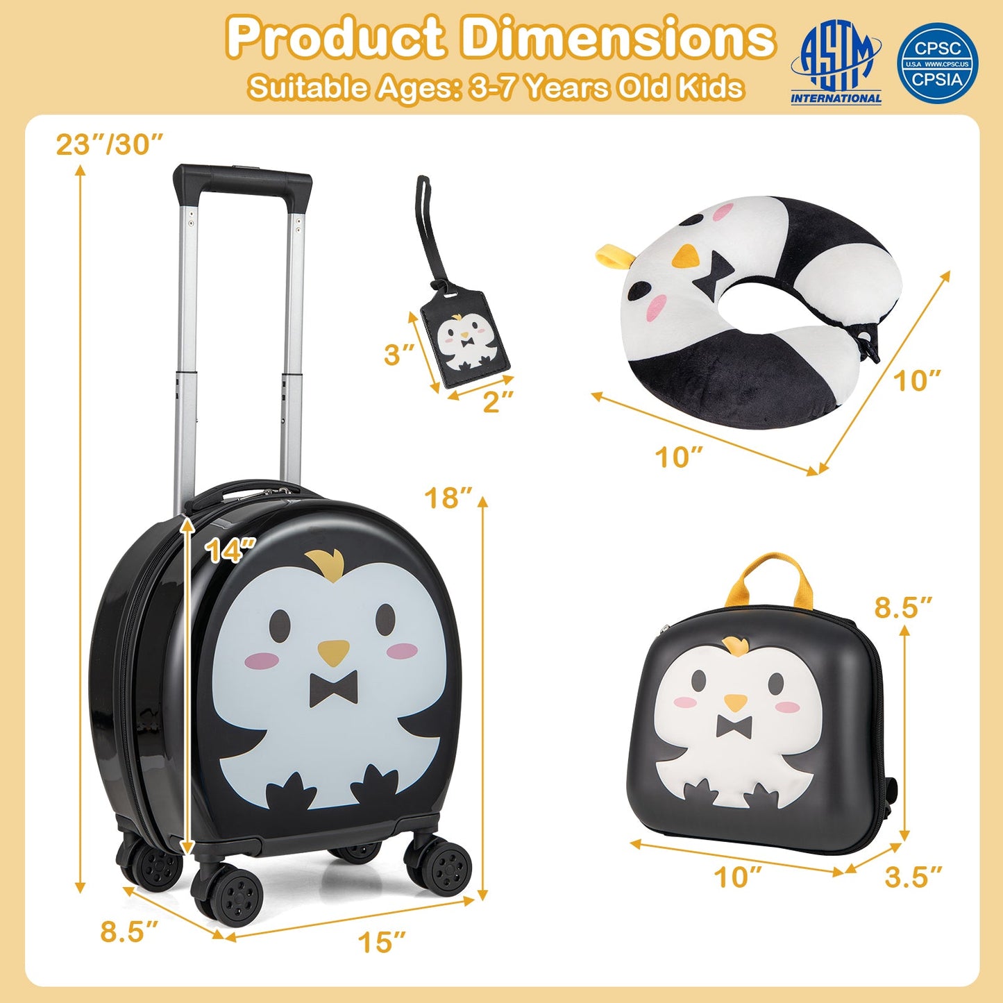 Ensemble de bagages pour enfants : valise à roulettes de 14 pouces et sac à dos de 10 pouces - Noir