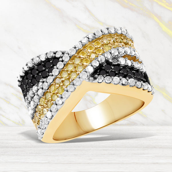 Bague en Diamant Noir, Blanc et Jaune Plaquée Or Jaune 14K