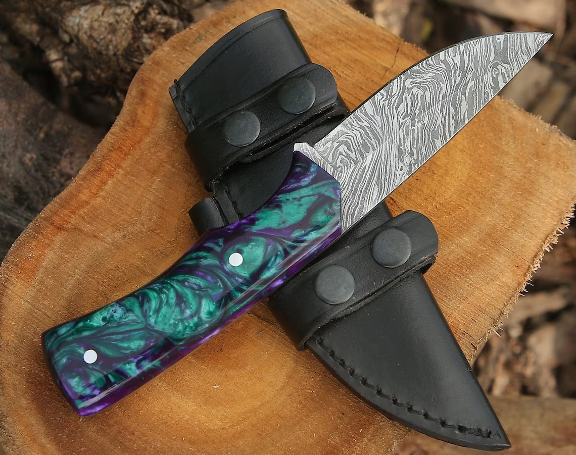 Premium Custom Damascus Steel Hunting Knife with Epoxy Resin Handle & Leather Sheath - 8.5 Inches - Korvel