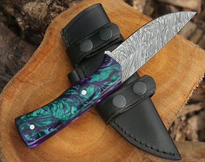 Premium Custom Damascus Steel Hunting Knife with Epoxy Resin Handle & Leather Sheath - 8.5 Inches - Korvel