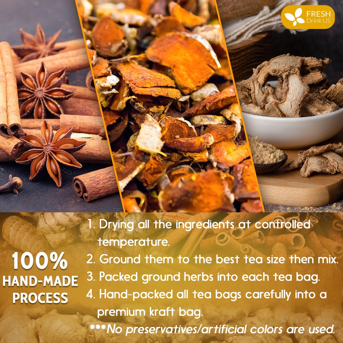 Turmeric Ginger Cinnamon Tea Bags - 100% Natural Herbal Blend
