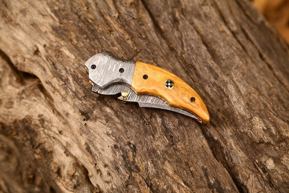 Exquisite Handmade Damascus Steel EDC Folding Knife | 3-Inch Blade, Bone Handle, Leather Sheath | Perfect Gift by KBS Knives - Korvel