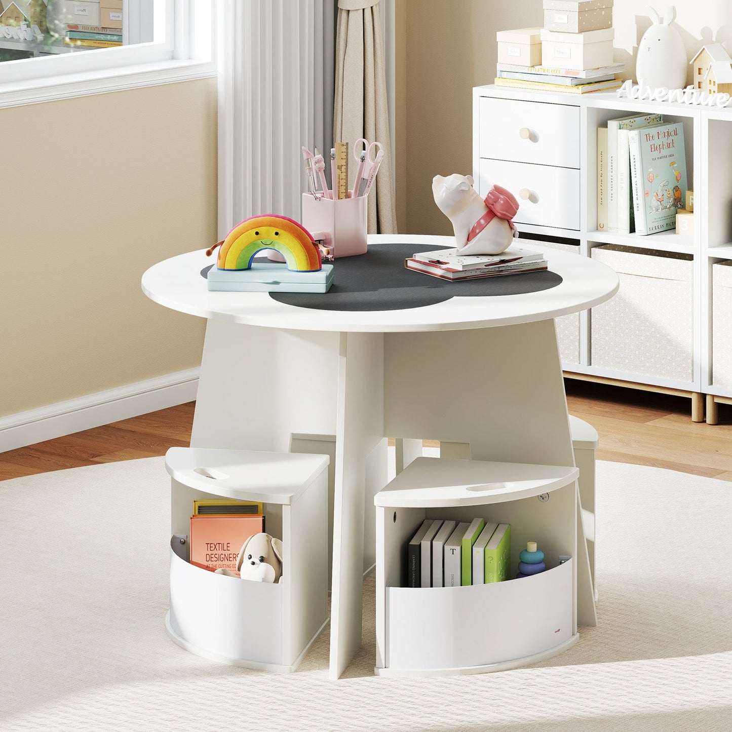 Juego de Mesa y Sillas para Niños de 5 Piezas con Almacenamiento - Blanco