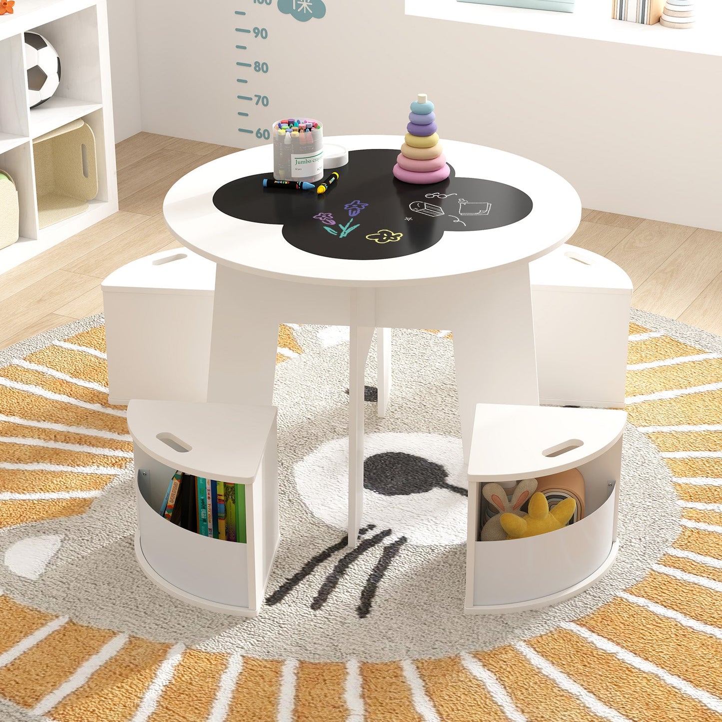 Juego de Mesa y Sillas para Niños de 5 Piezas con Almacenamiento - Blanco
