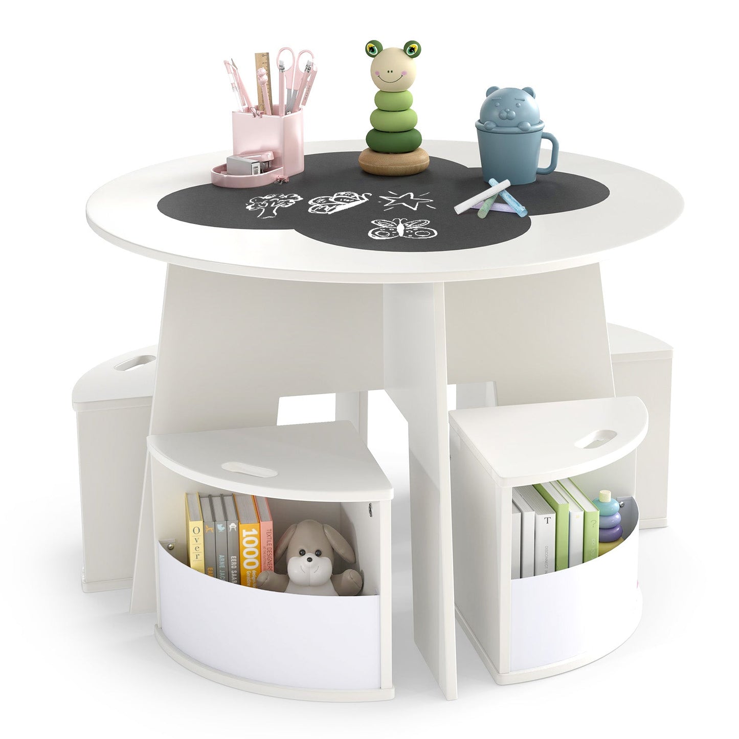 Juego de Mesa y Sillas para Niños de 5 Piezas con Almacenamiento - Blanco