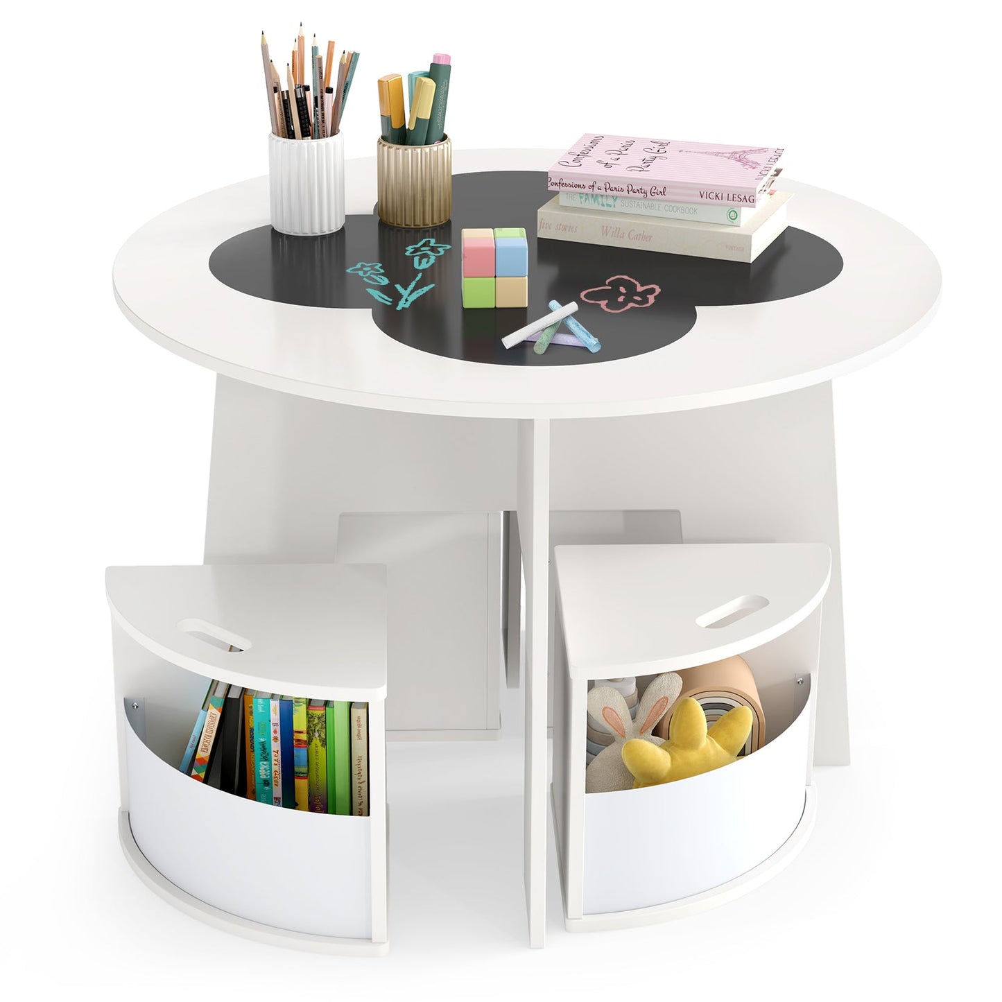 Juego de Mesa y Sillas para Niños de 5 Piezas con Almacenamiento - Blanco