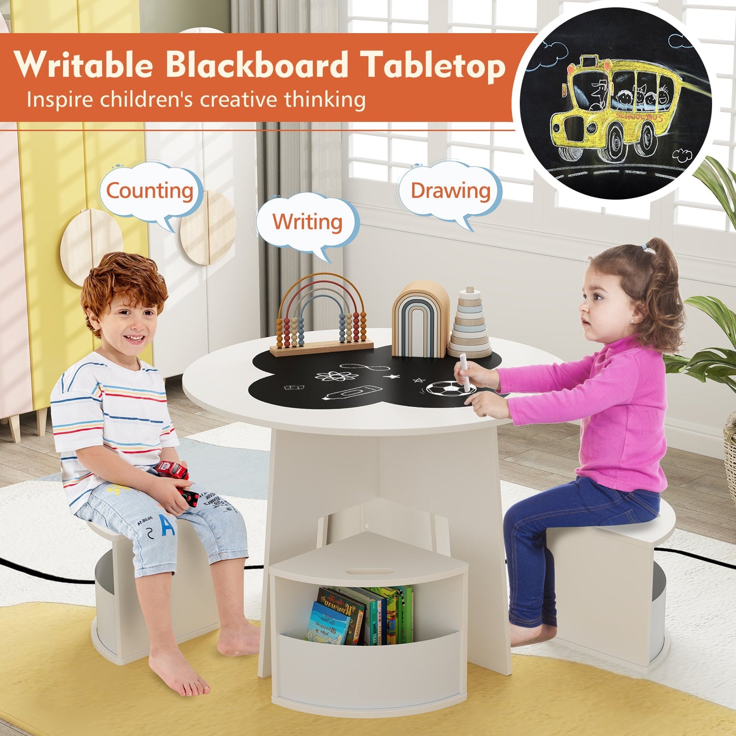 Juego de Mesa y Sillas para Niños de 5 Piezas con Almacenamiento - Blanco
