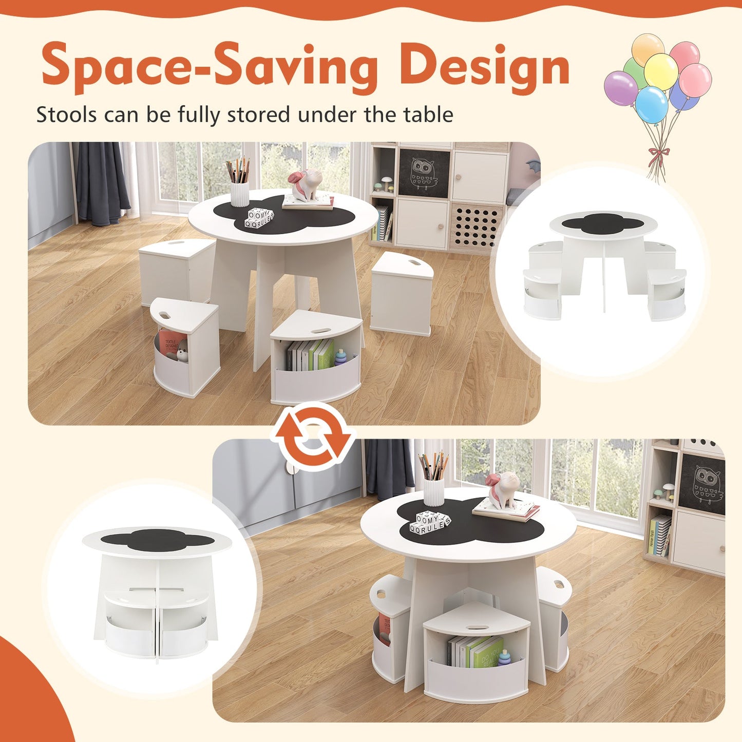Juego de Mesa y Sillas para Niños de 5 Piezas con Almacenamiento - Blanco