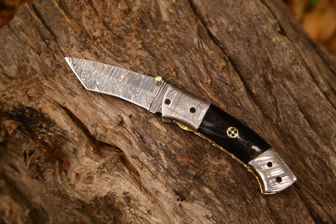 Exquisite Handmade Damascus Steel Tanto Folding Knife | 3-Inch Blade, Buffalo Horn Grip, Leather Sheath | Ideal Gift by KBS Knives - Korvel