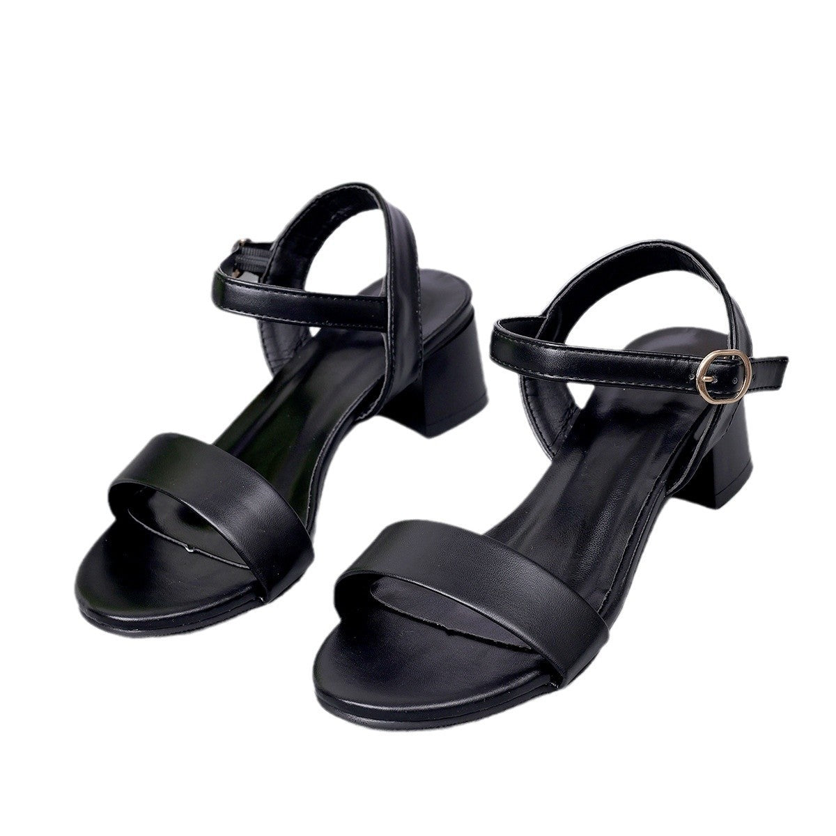 Sandales à Talon Bas en Cuir Véritable pour Femmes avec Bride à Boucle