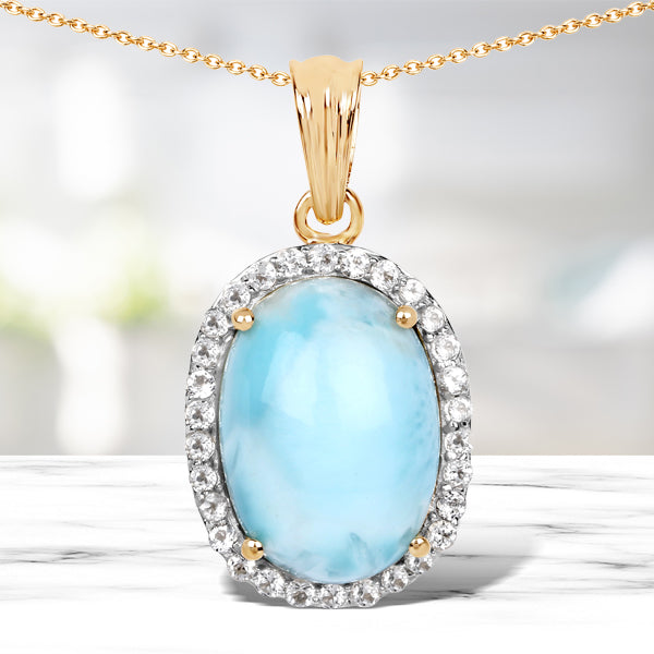 Pendentif en Larimar et Topaze Blanche Plaqué Or Jaune 14K