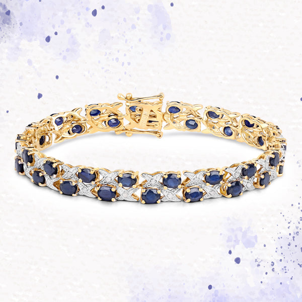 Bracelet en or jaune 14 carats plaqué, saphirs bleus et diamants