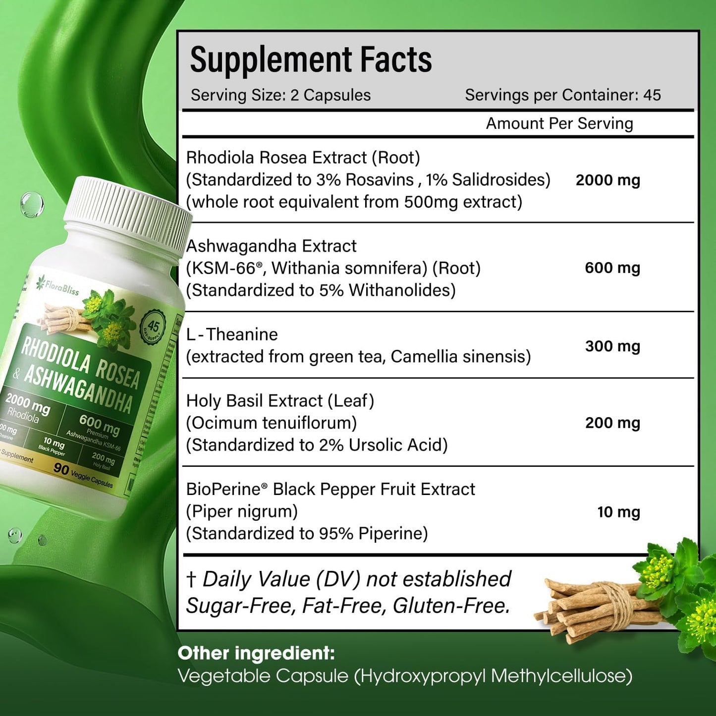 Cápsulas Veganas Premium de Rhodiola Rosea y Ashwagandha - 2000mg