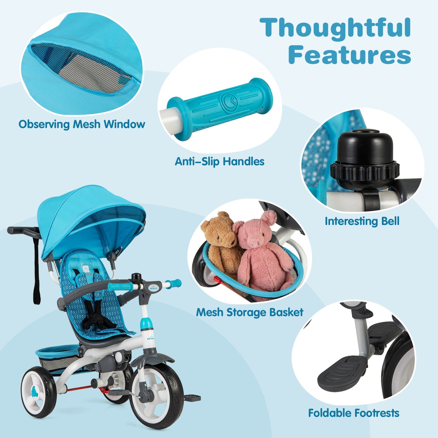 5-in-1 Detachable Baby Stroller Tricycle - Blue