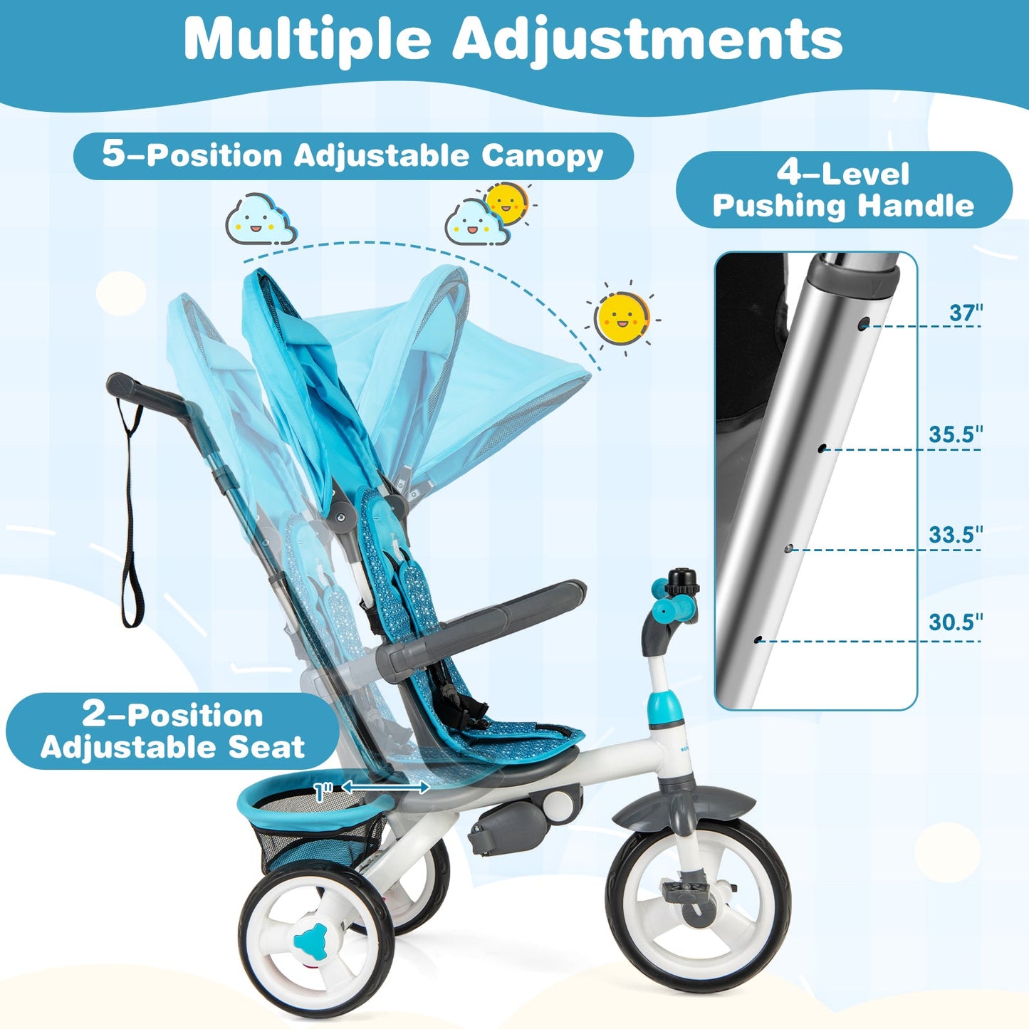 5-in-1 Detachable Baby Stroller Tricycle - Blue