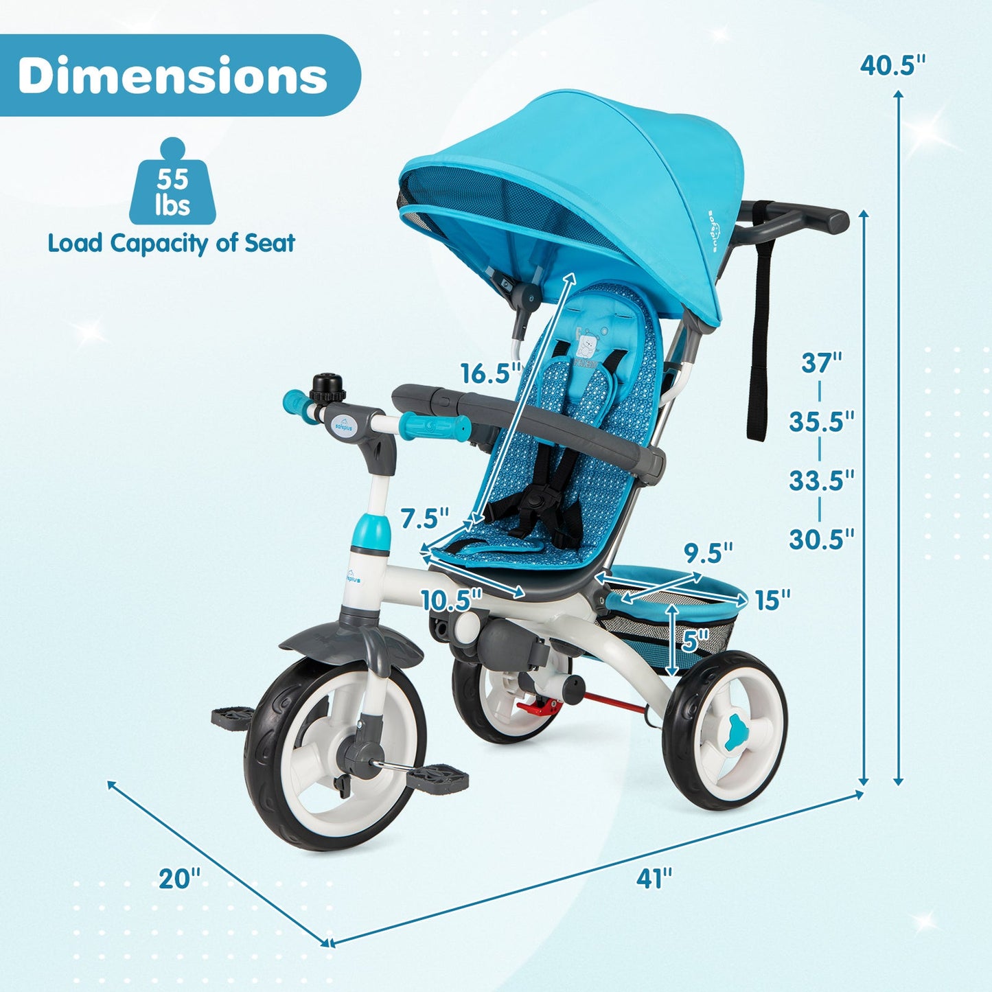 5-in-1 Detachable Baby Stroller Tricycle - Blue