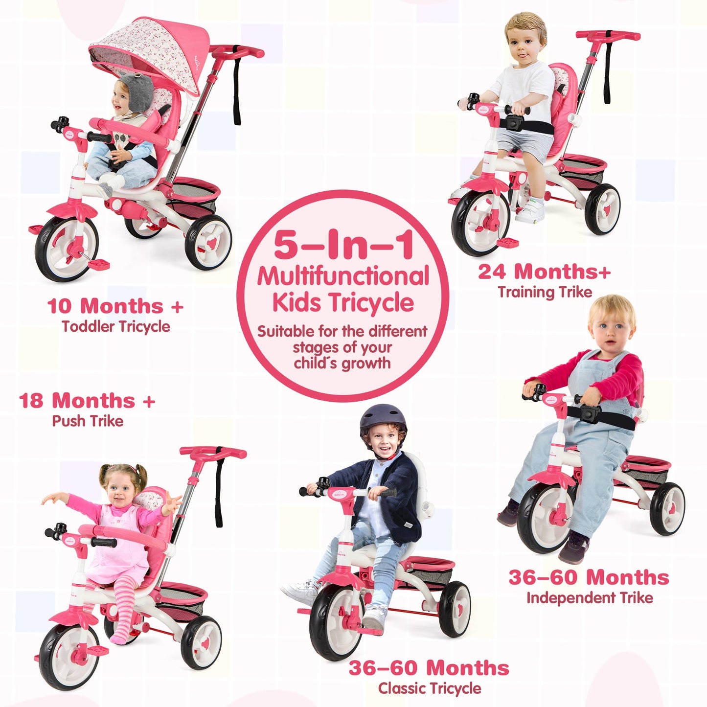 5-in-1 Detachable Baby Stroller Tricycle - Pink