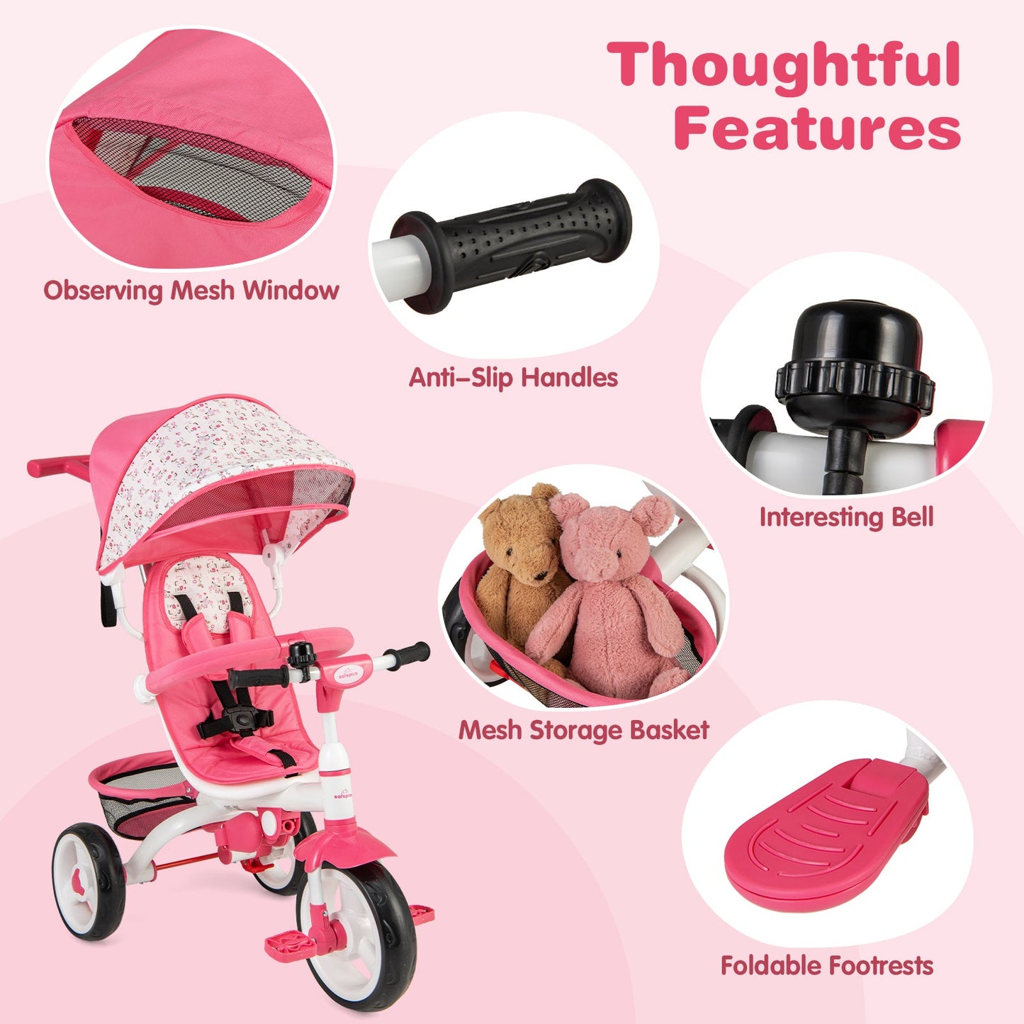 5-in-1 Detachable Baby Stroller Tricycle - Pink