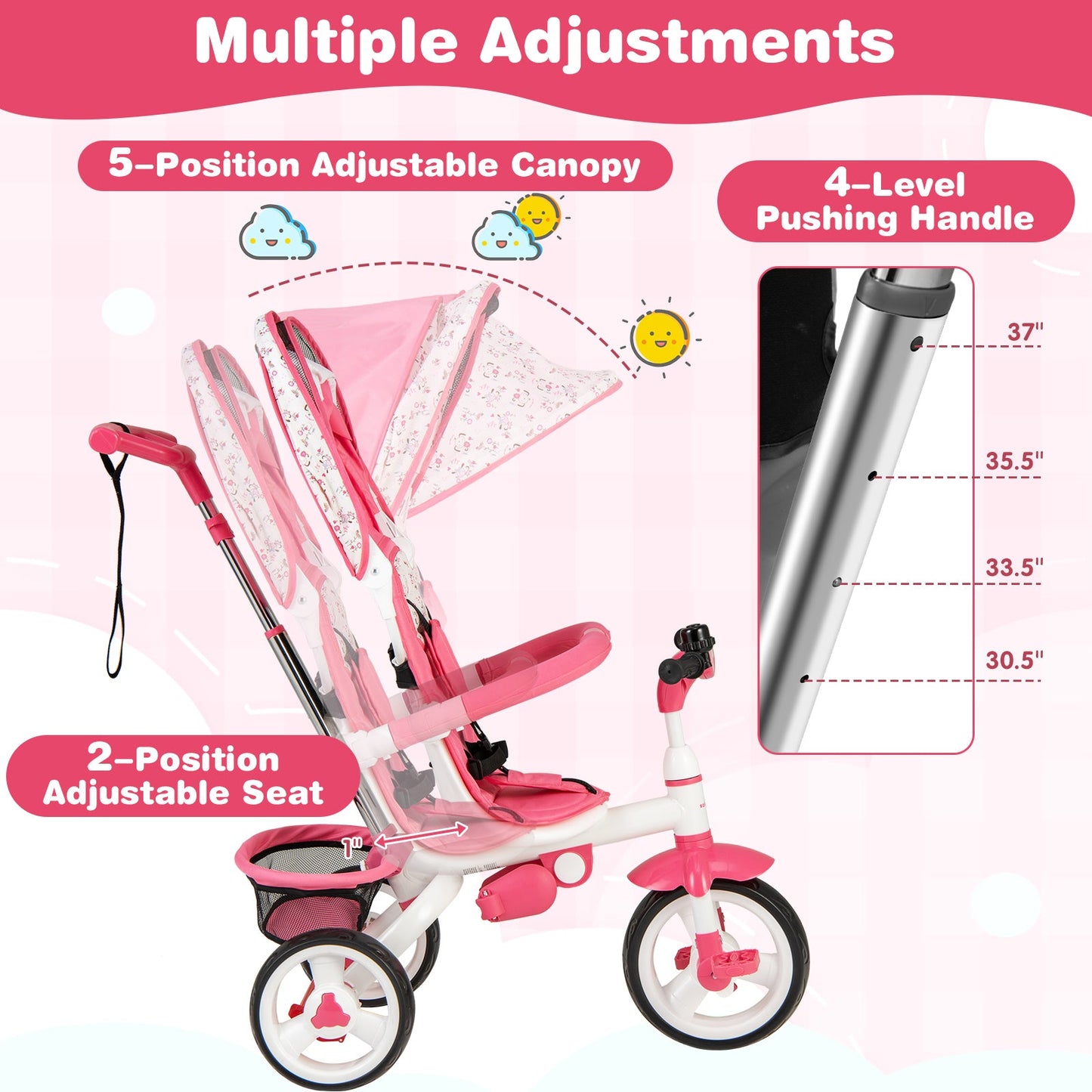 5-in-1 Detachable Baby Stroller Tricycle - Pink