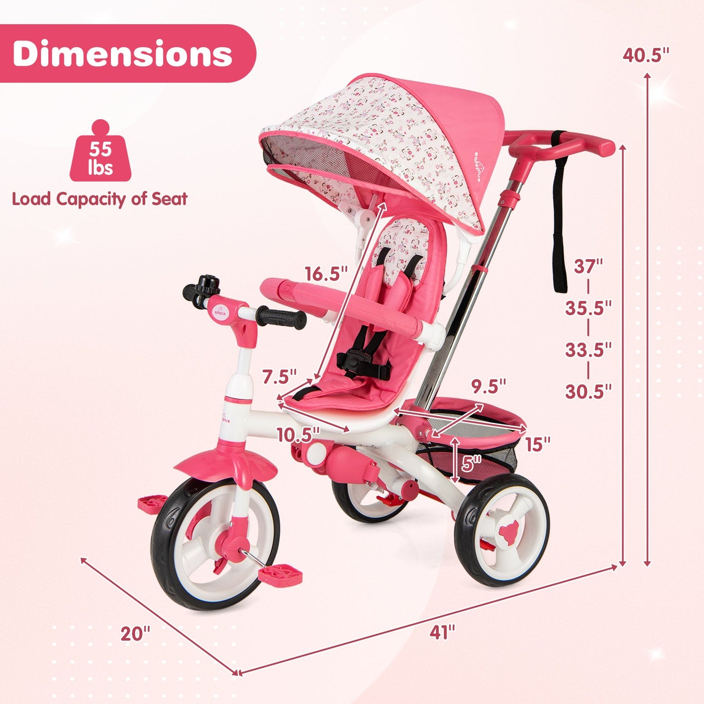 5-in-1 Detachable Baby Stroller Tricycle - Pink