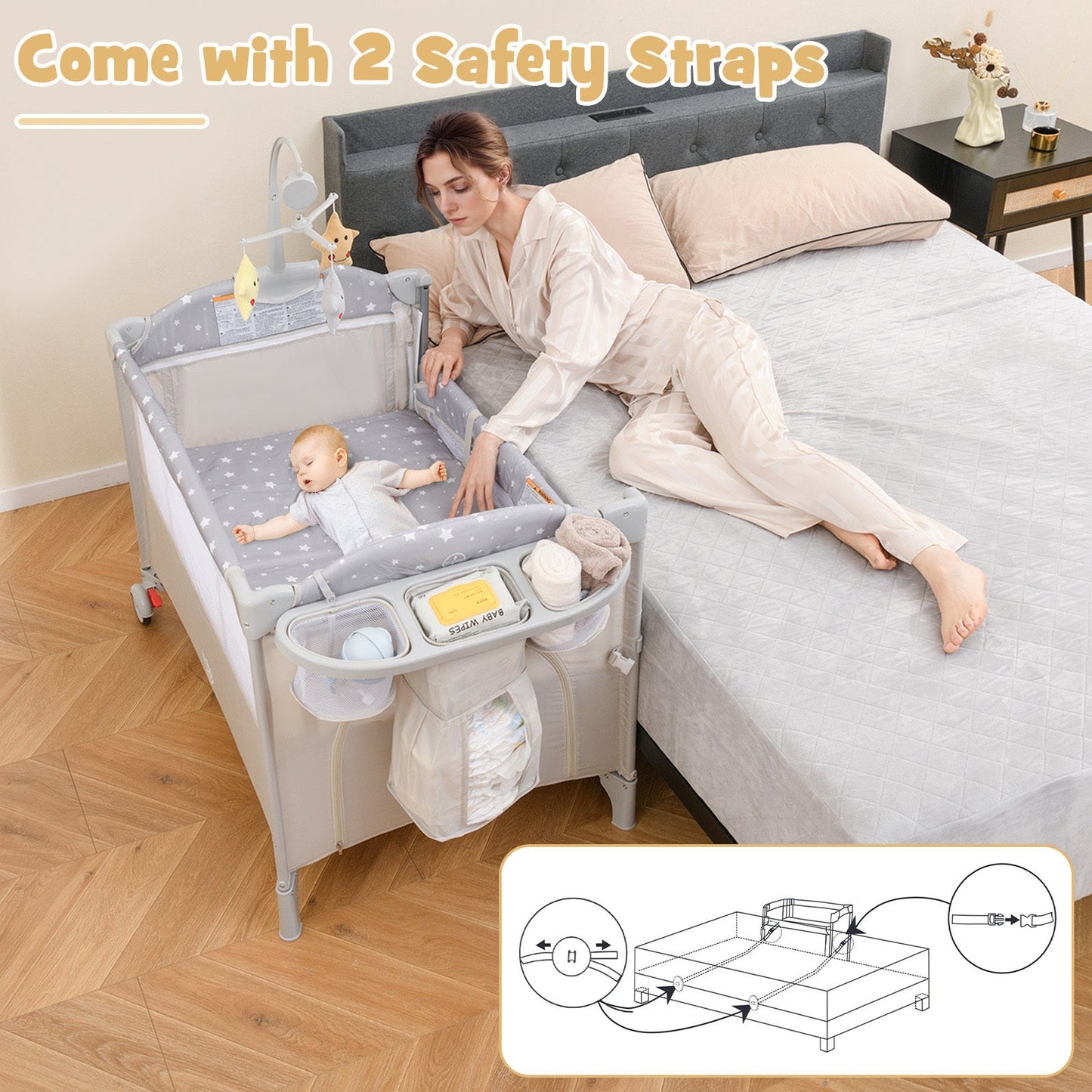 5-in-1 Portable Baby Beside Sleeper Bassinet Crib Playard - Beige