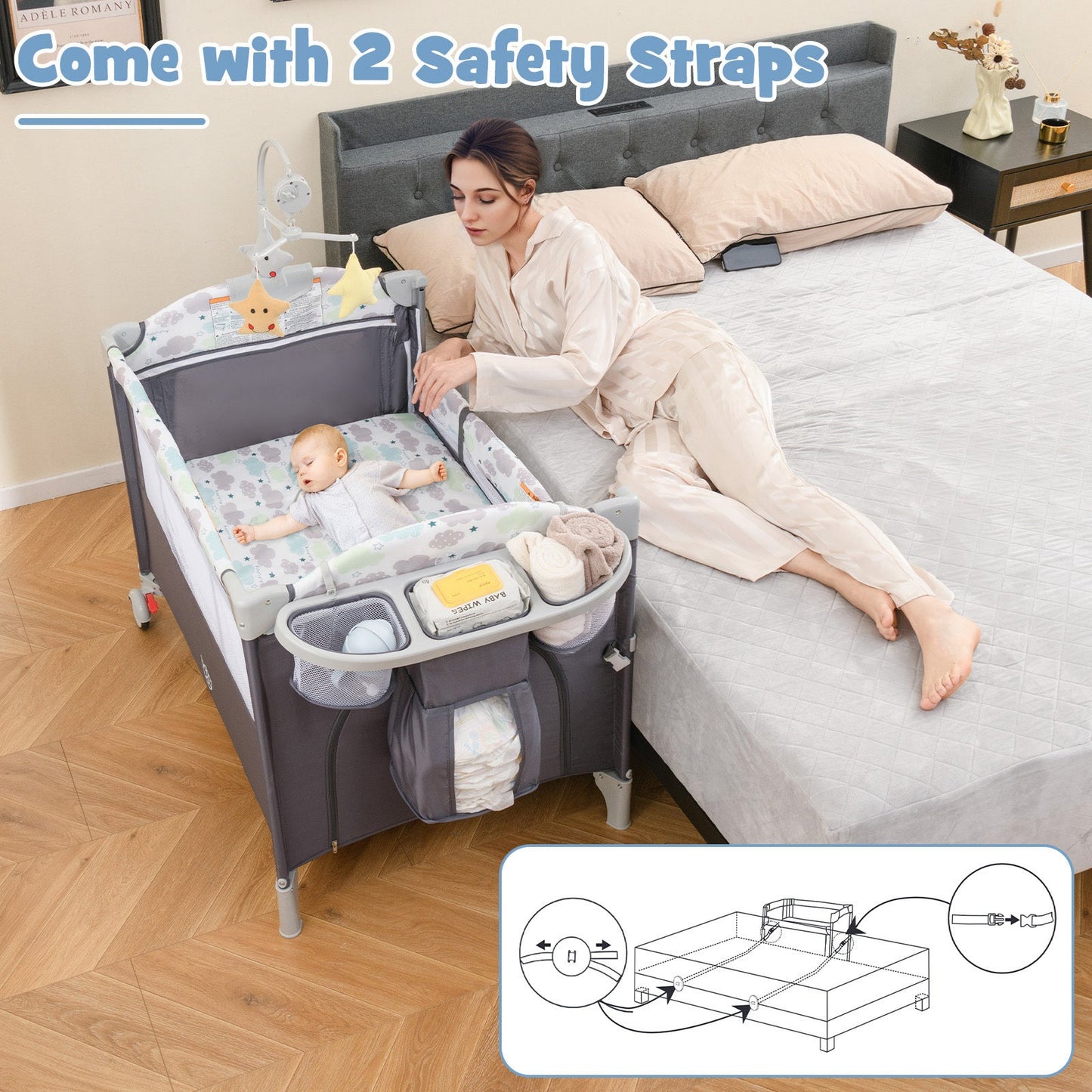 5-in-1 Portable Baby Beside Sleeper Bassinet Crib - Gray