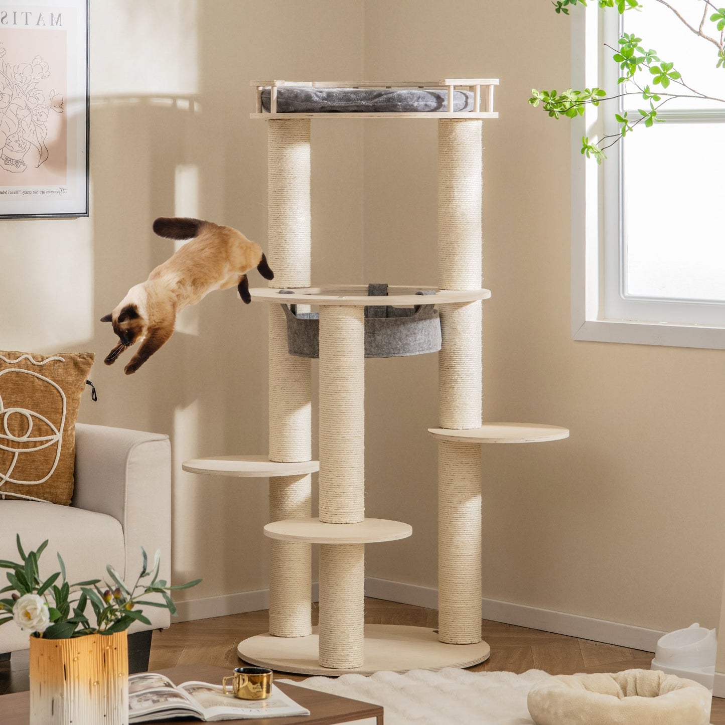 Árbol para Gatos de Madera de 5 Niveles con Perchero Acolchado y Hamaca - Gris