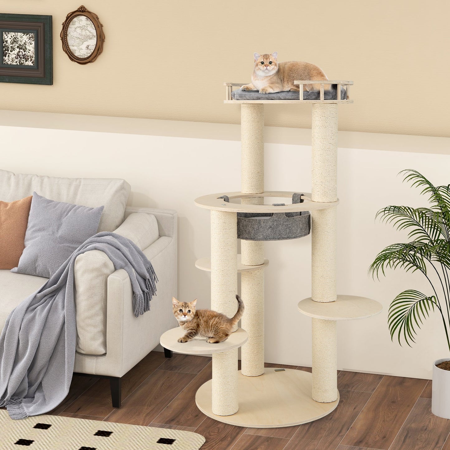 Árbol para Gatos de Madera de 5 Niveles con Perchero Acolchado y Hamaca - Gris